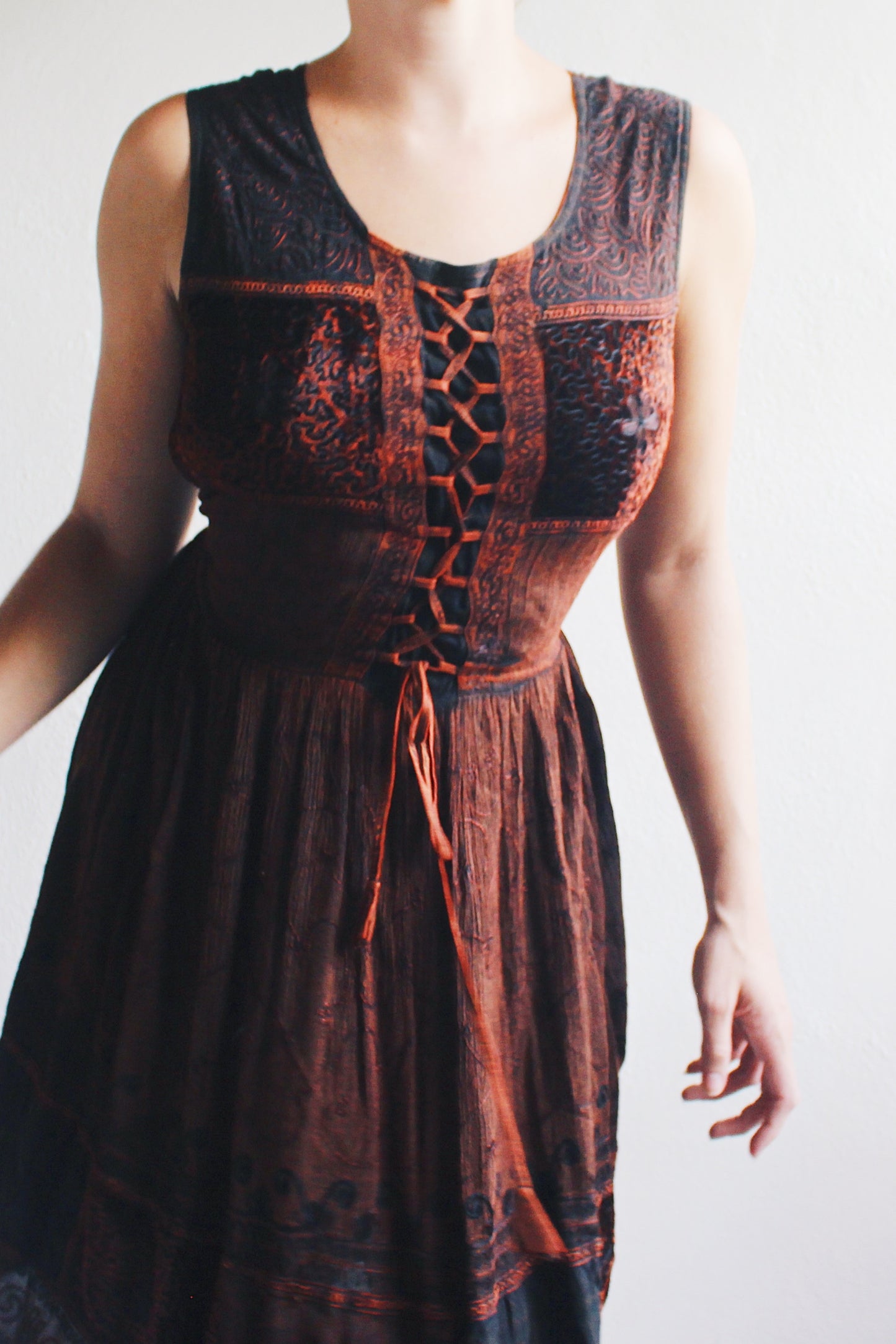 90s Vintage Brown Embroidered Dress with Whimsigoth fairy Vibes