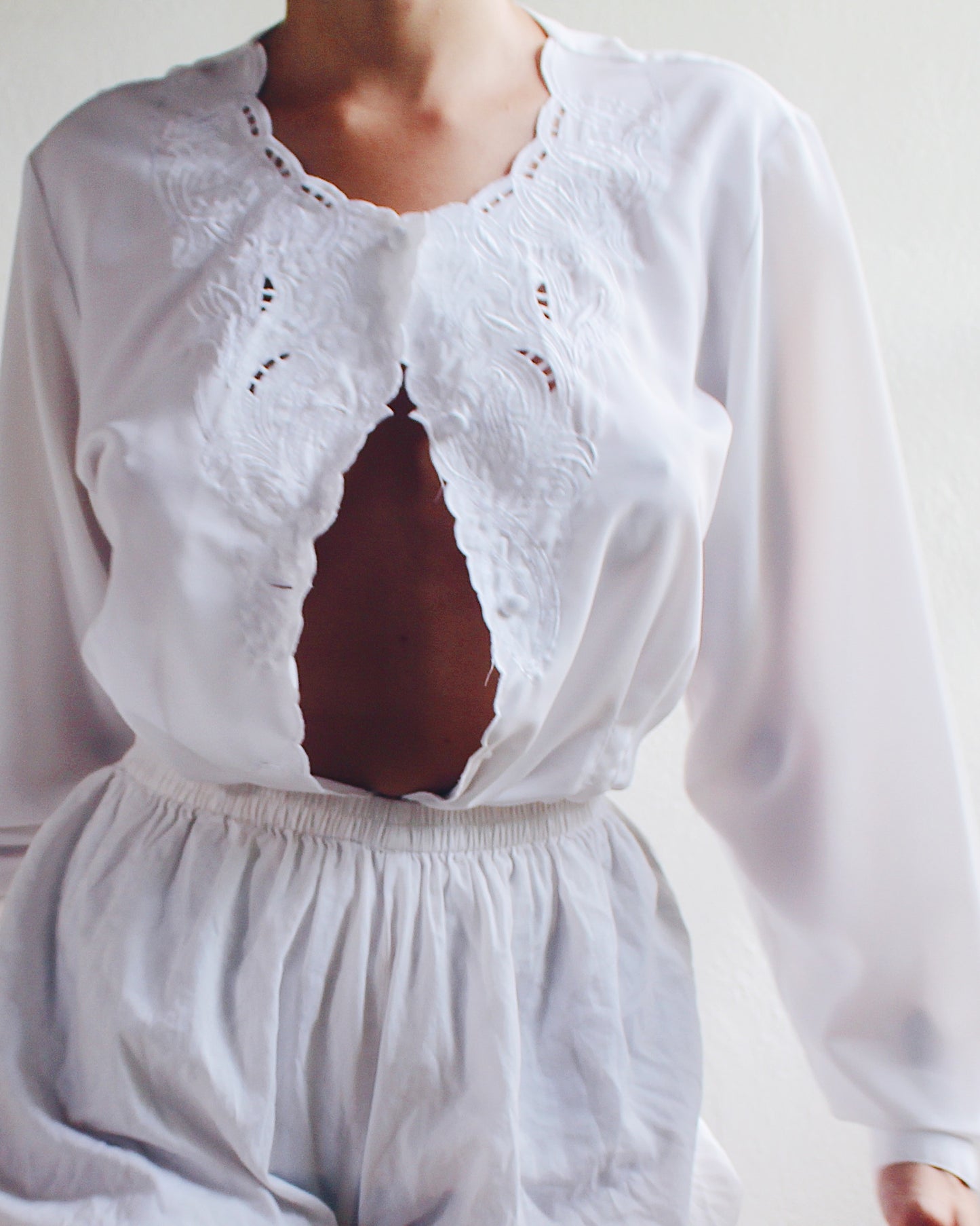 White Vintage Blouse with Pleated Waist and Cut-Out Embroidered neckline - Romantic Cottagecore Coquette Style