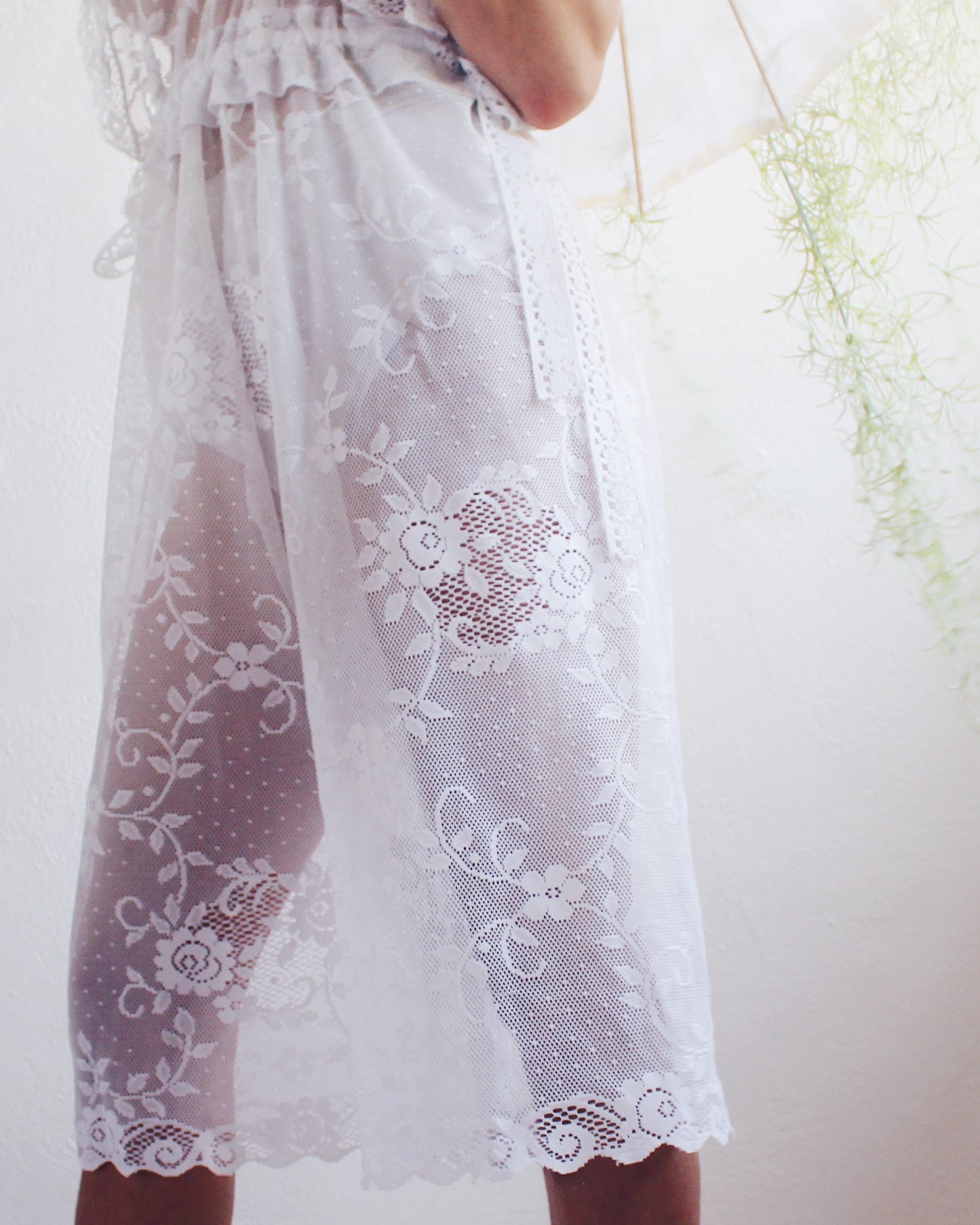 Upcycled Sheer Lace Overalls – Vintage White Curtain Reworked Dungarees | Whimsical Boho Summer Style