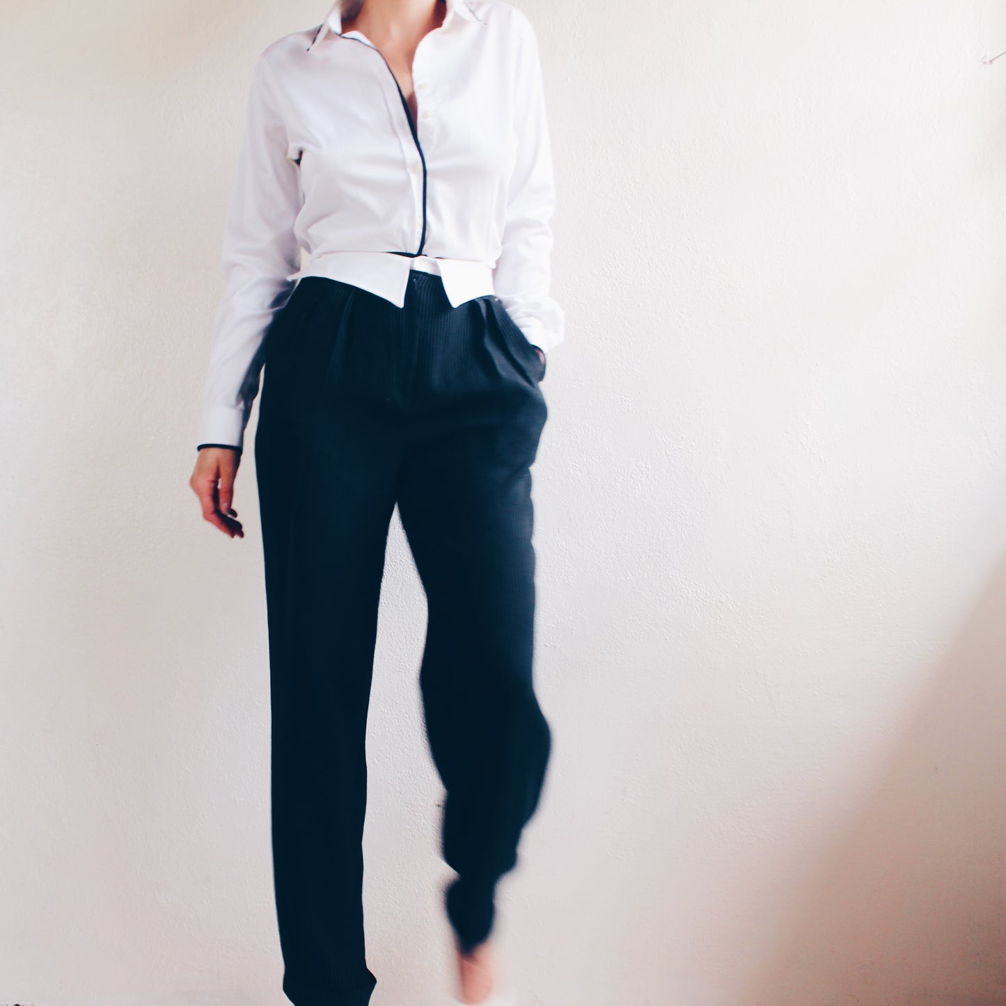 Academic Formal Chic: Vintage Black Pin Striped Collar Waist Pants/ Upcycled 90s Pleated Androgynous Slacks