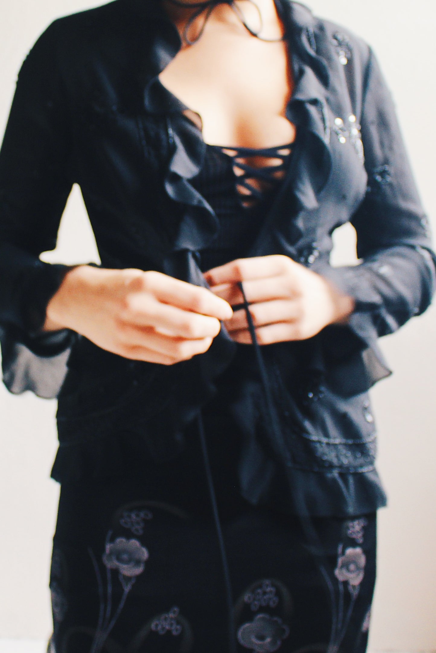Witchy Black Silk 90s Vibes: Beaded Lettuce Hem Top