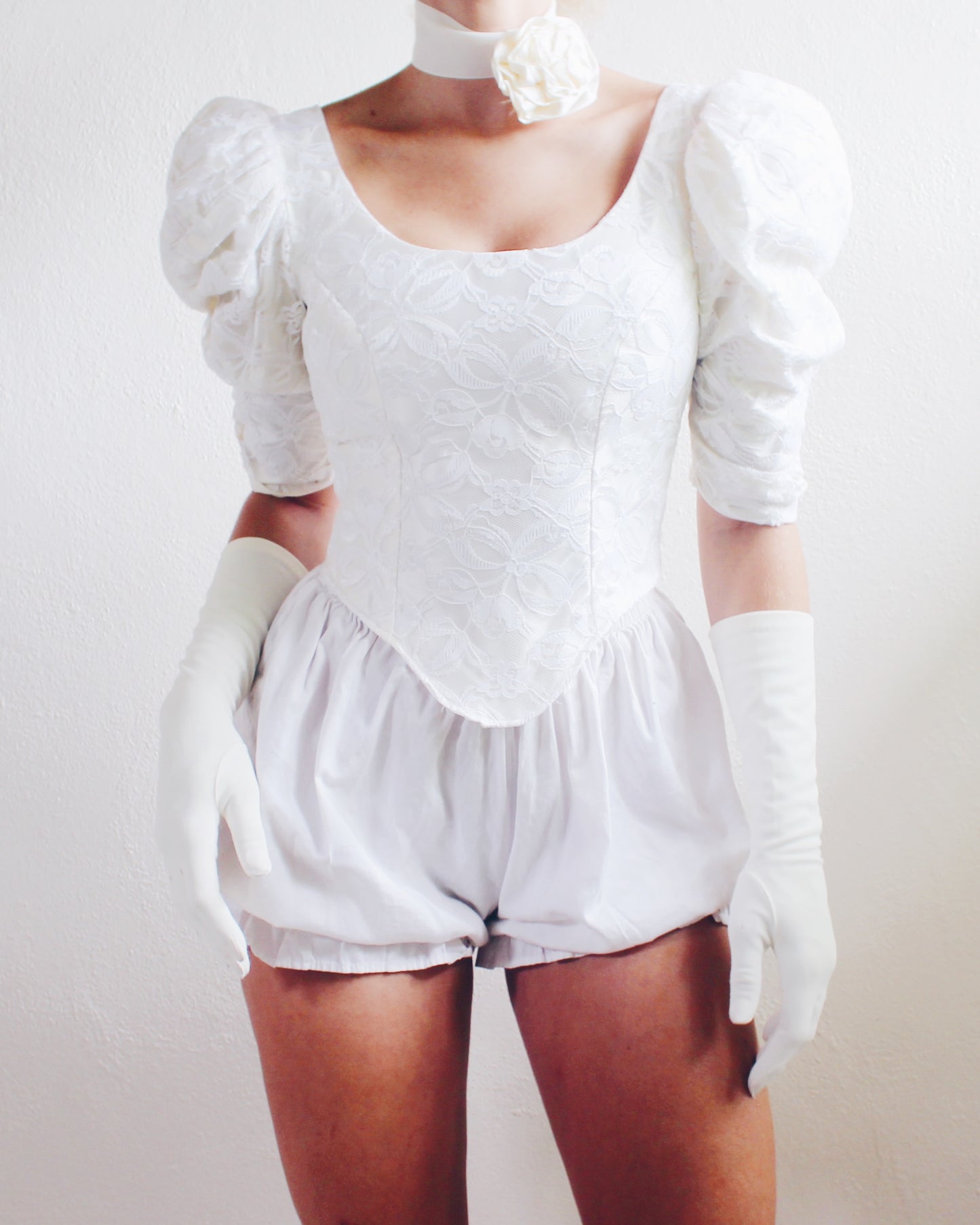White Reworked Lace-Up Puffy Sleeve Blouse - Upcycled Wedding Dress Top | Victorian Contemporary Coquette Style - Poor Things Vibes