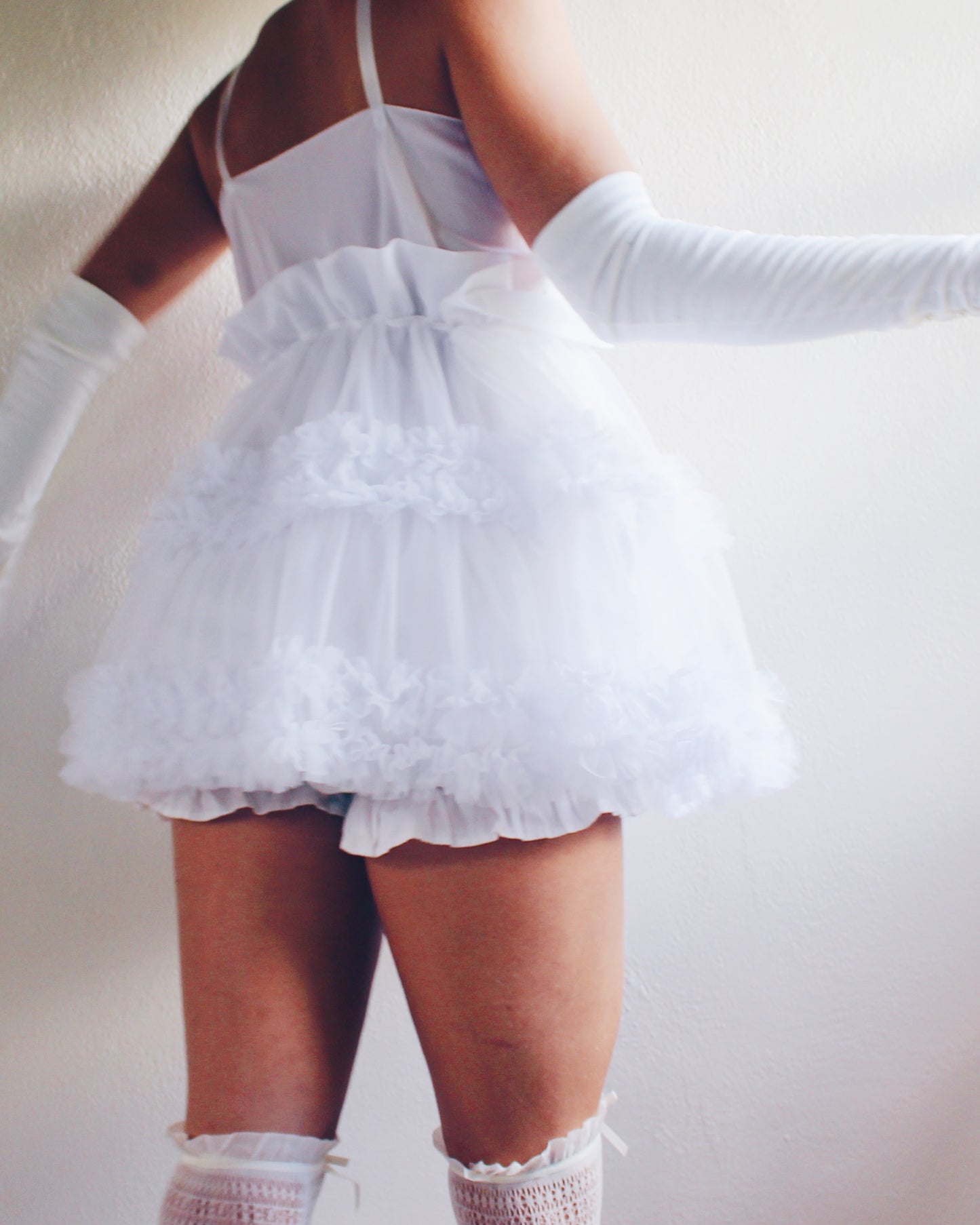 Upcycled White Ruffled Babydoll Dress - Lolita Harajuku Coquette Style | Made from Vintage Slip & Petticoat | Selkie Inspired Design