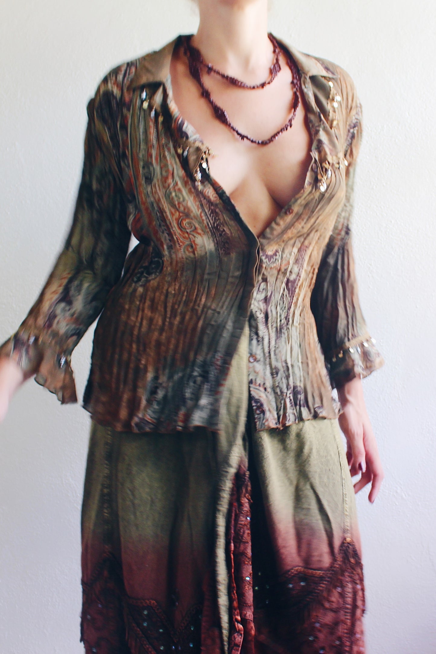 Whimsygoth Green Brown Blouse / Vintage 90s Textured Beaded top / Ruffle sleeve Paisley Artsy Witch Shirt
