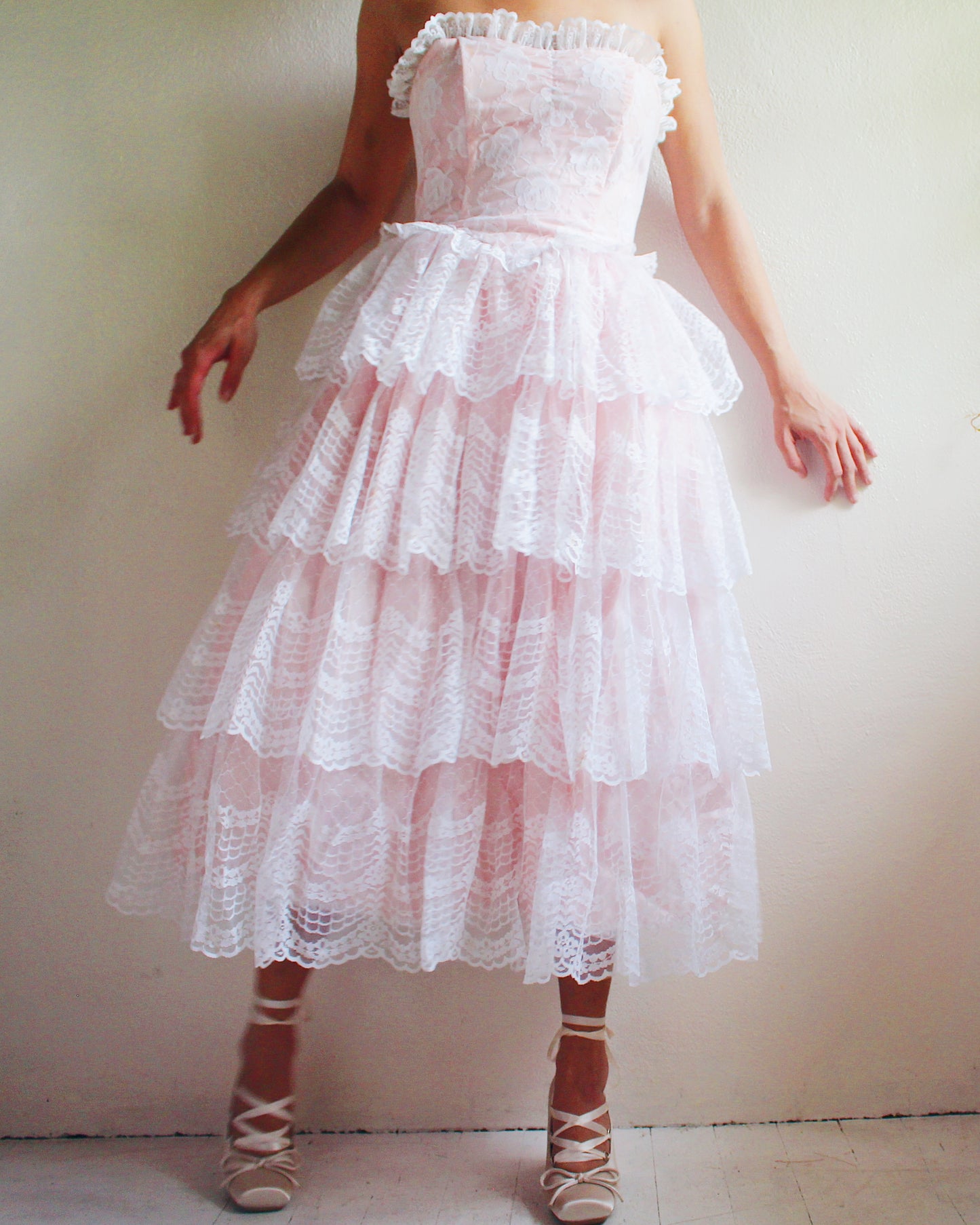 1960s Vintage Pink Lace A-Line Gown - Floral Lace & Tiered Ruffled Skirt | Girly Coquette Retro Style | Priscilla-Inspired Formal Dress
