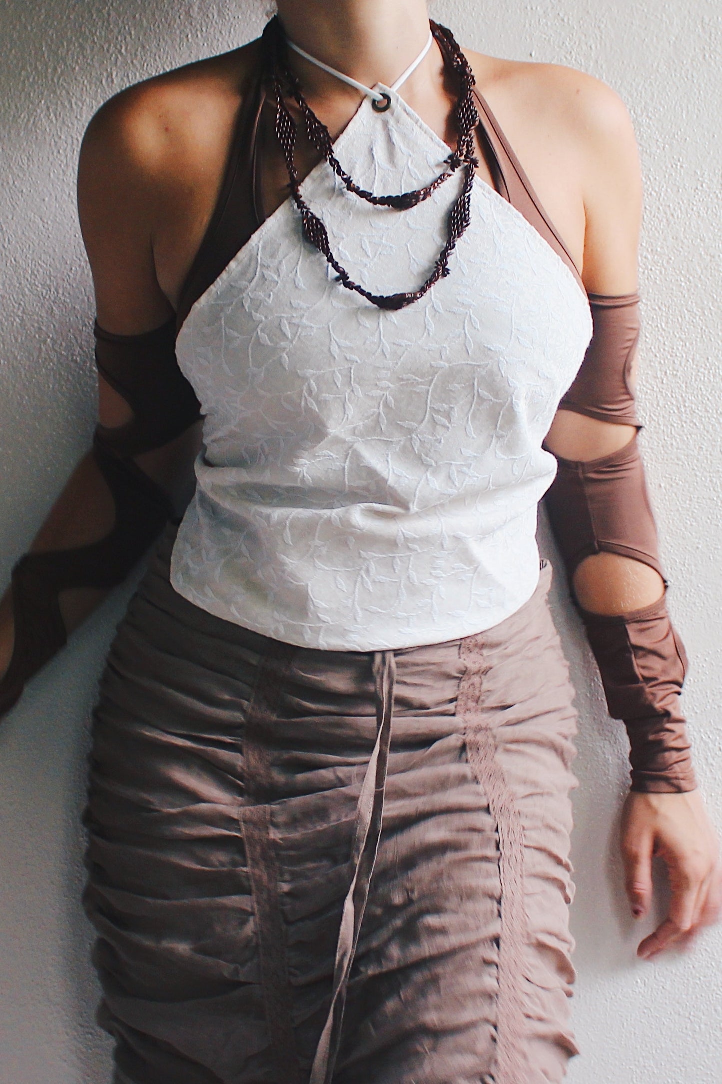 Reworked mermaid core French hanky hem tank top / cream floral Upcycled Bandeau / baroque Tapestry Haltar Crop Top