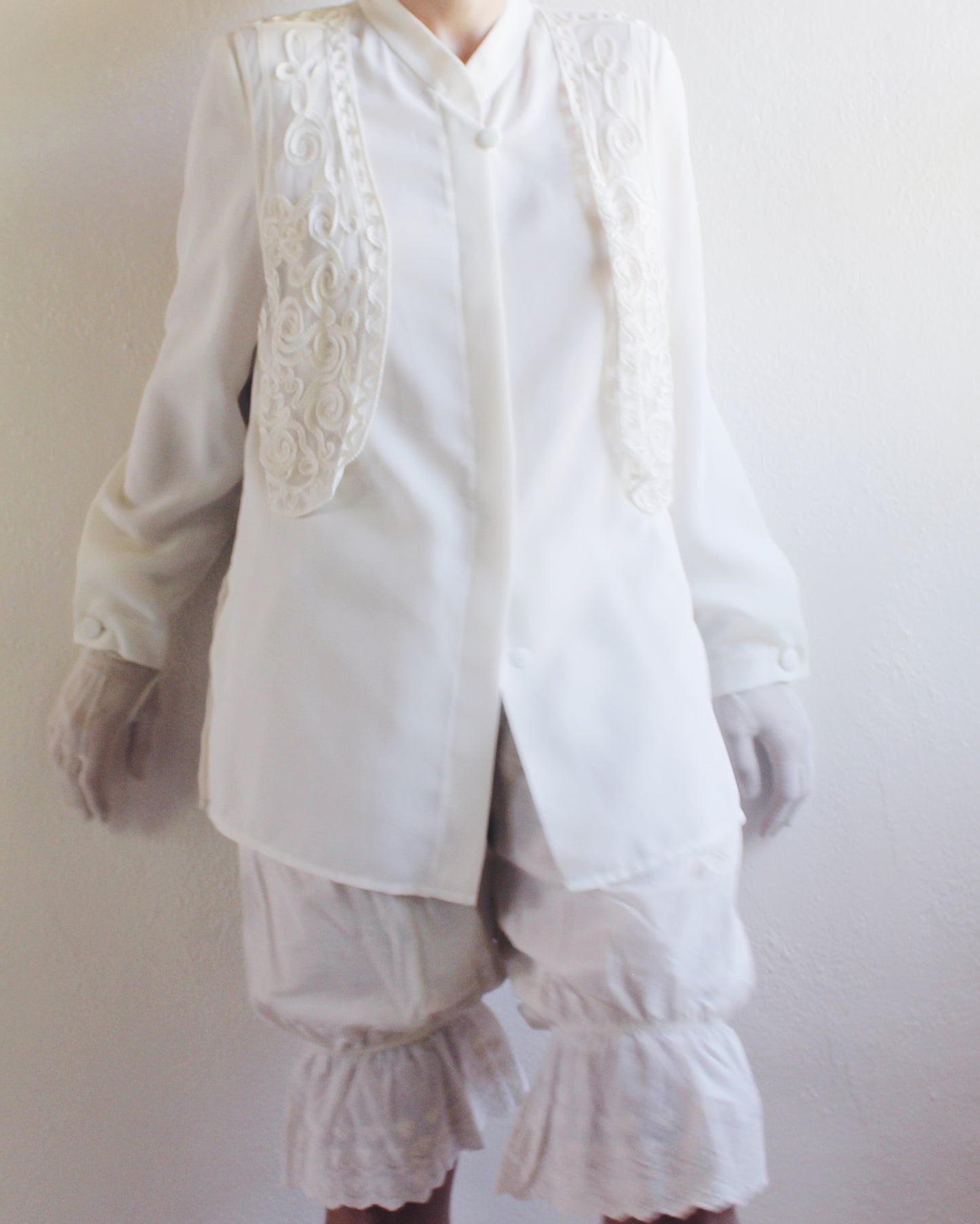 Ivory Vintage Long Sleeve Button Up Blouse with Attached Embroidered Vest - 90s Bohemian Renaissance Style | Cottagecore Fashion