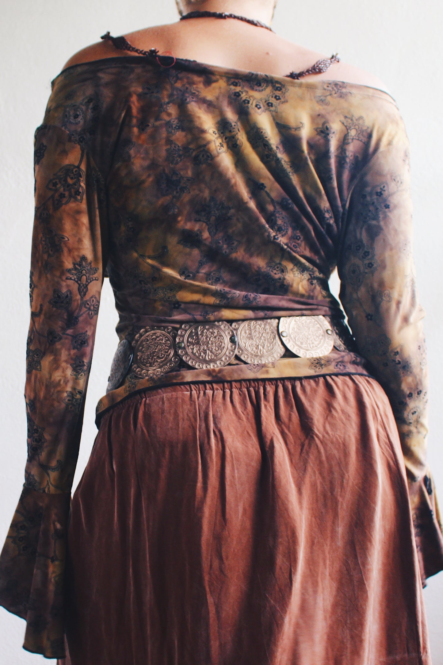 WhimsyGoth Dreams Velvet Print Bell Sleeve Blouse - Dark Elegance Meets Boho Chic!