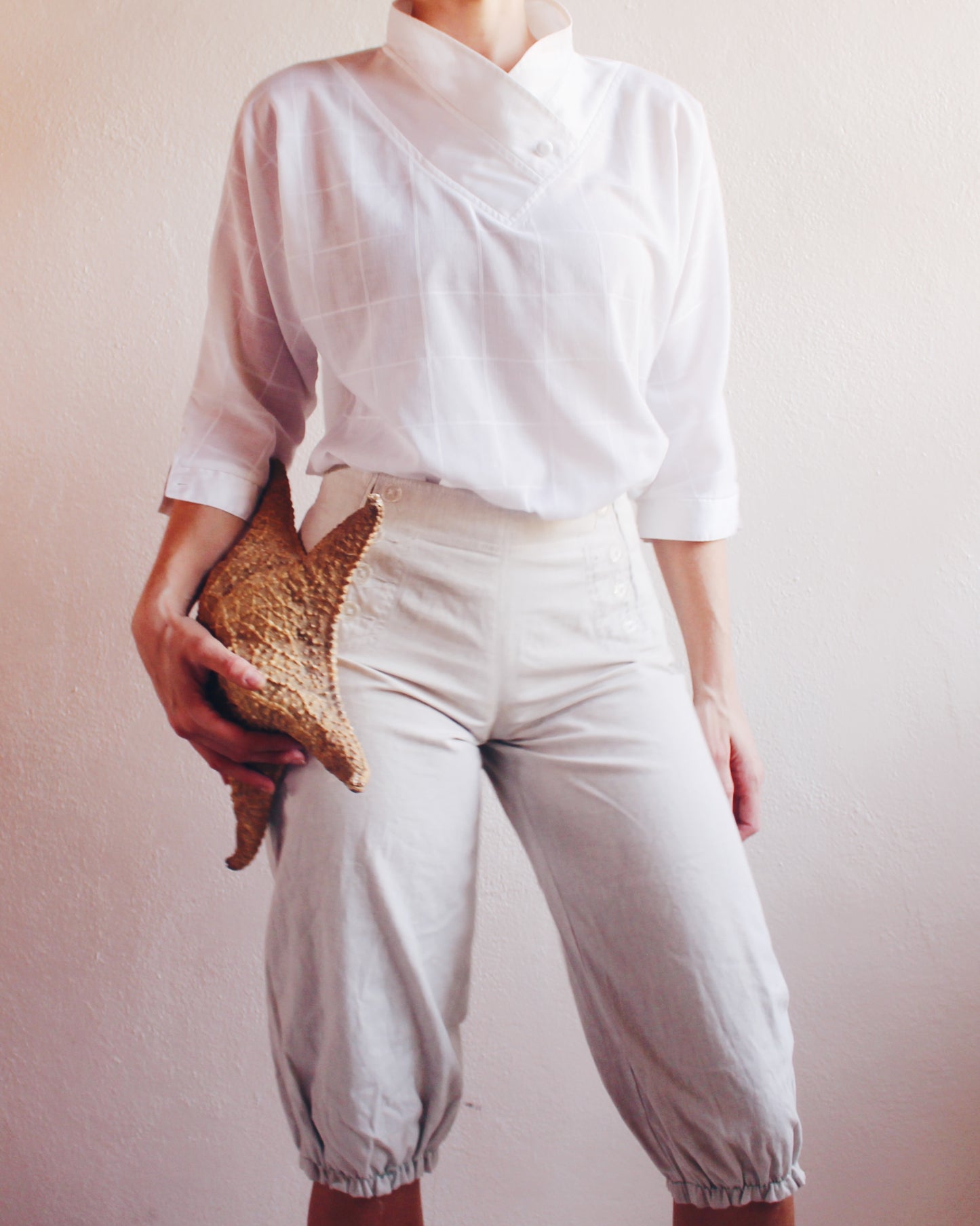 Vintage 1970s Pierre Cardin White Cotton Blouse — Asymmetrical Crossover Collar | Minimalist French Designer Shirt