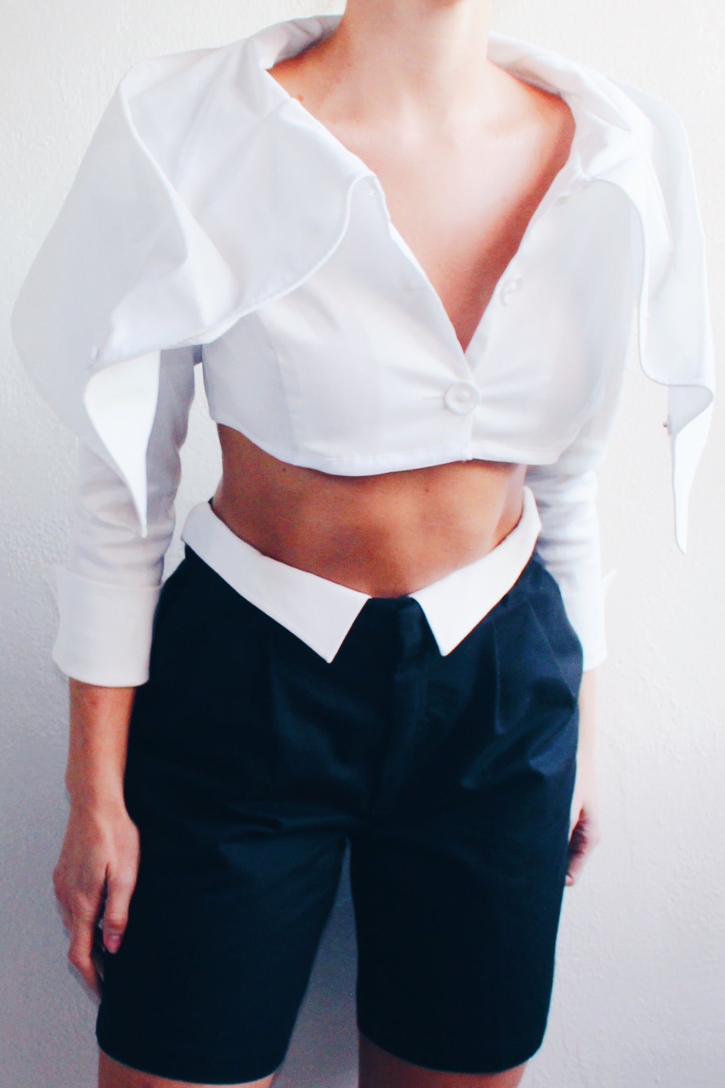 Androgynous Formal: Upcycled Black Pleated Shorts with Attached White Shirt Collar