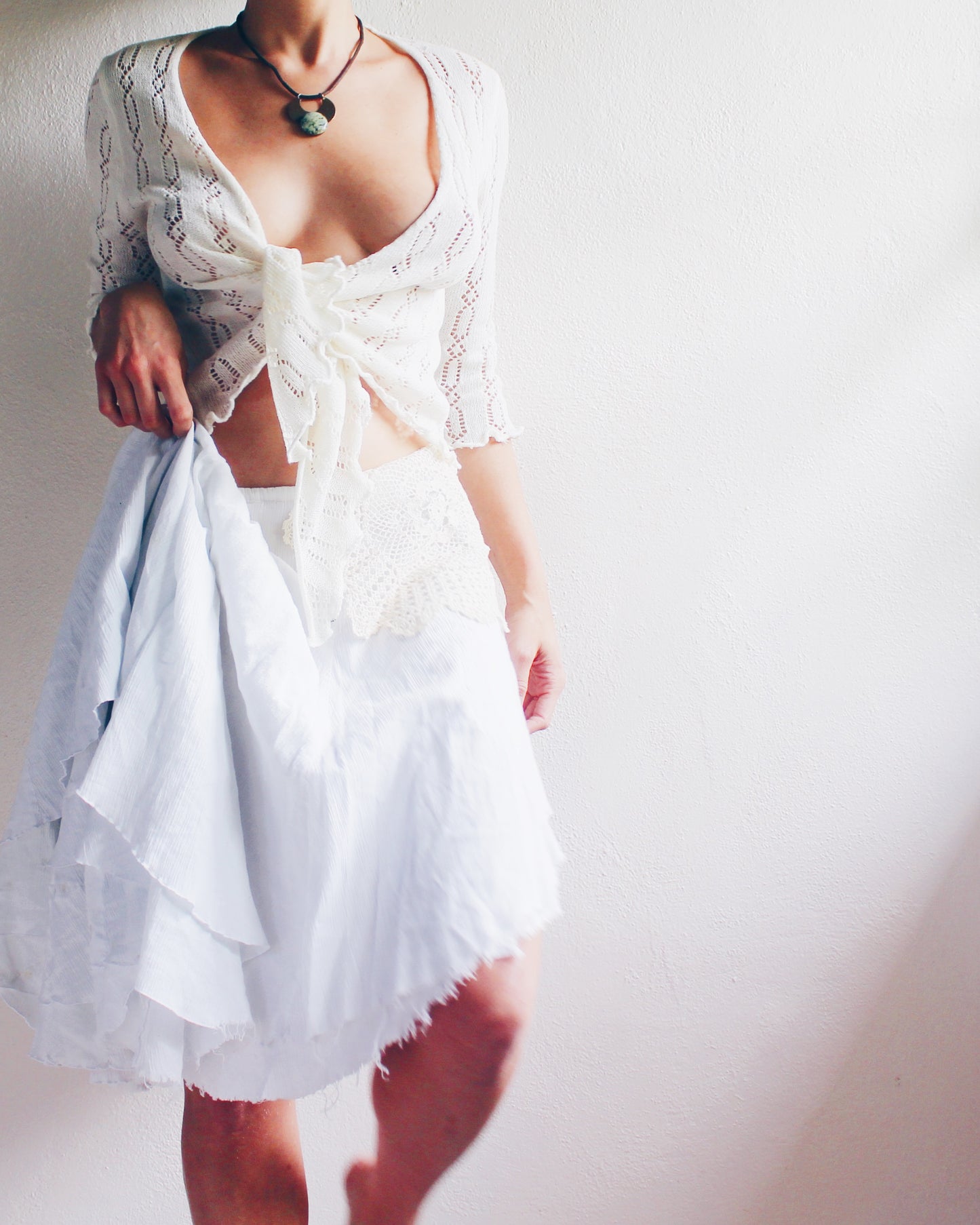 Y2K Vintage Cream Knit Cardigan with Ruffled Lettuce Hem - Cute Coquette Style | Perfect for Layering Boho Outfits