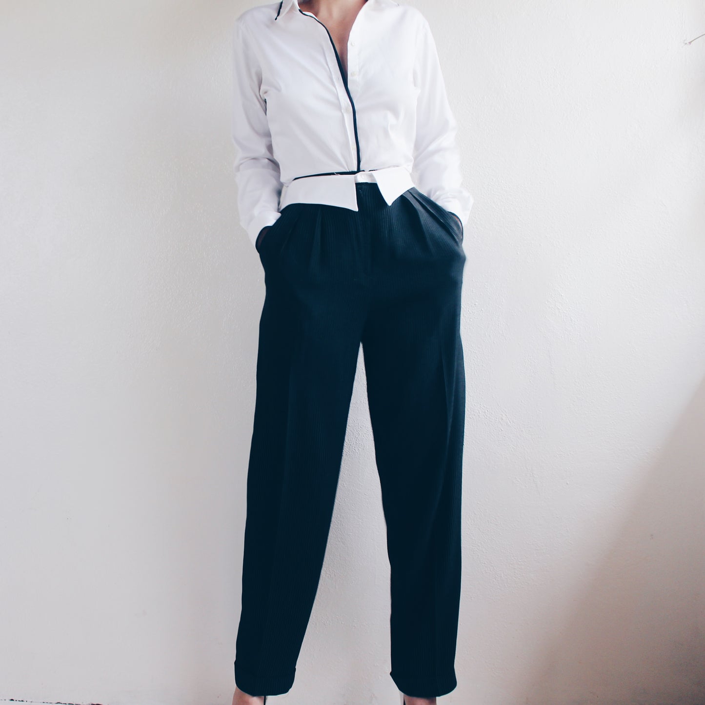 Academic Formal Chic: Vintage Black Pin Striped Collar Waist Pants/ Upcycled 90s Pleated Androgynous Slacks