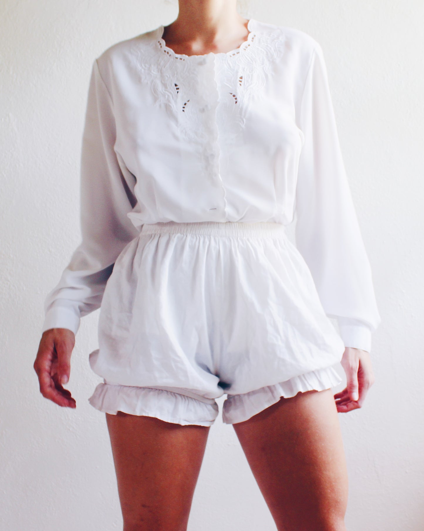 White Vintage Blouse with Pleated Waist and Cut-Out Embroidered neckline - Romantic Cottagecore Coquette Style