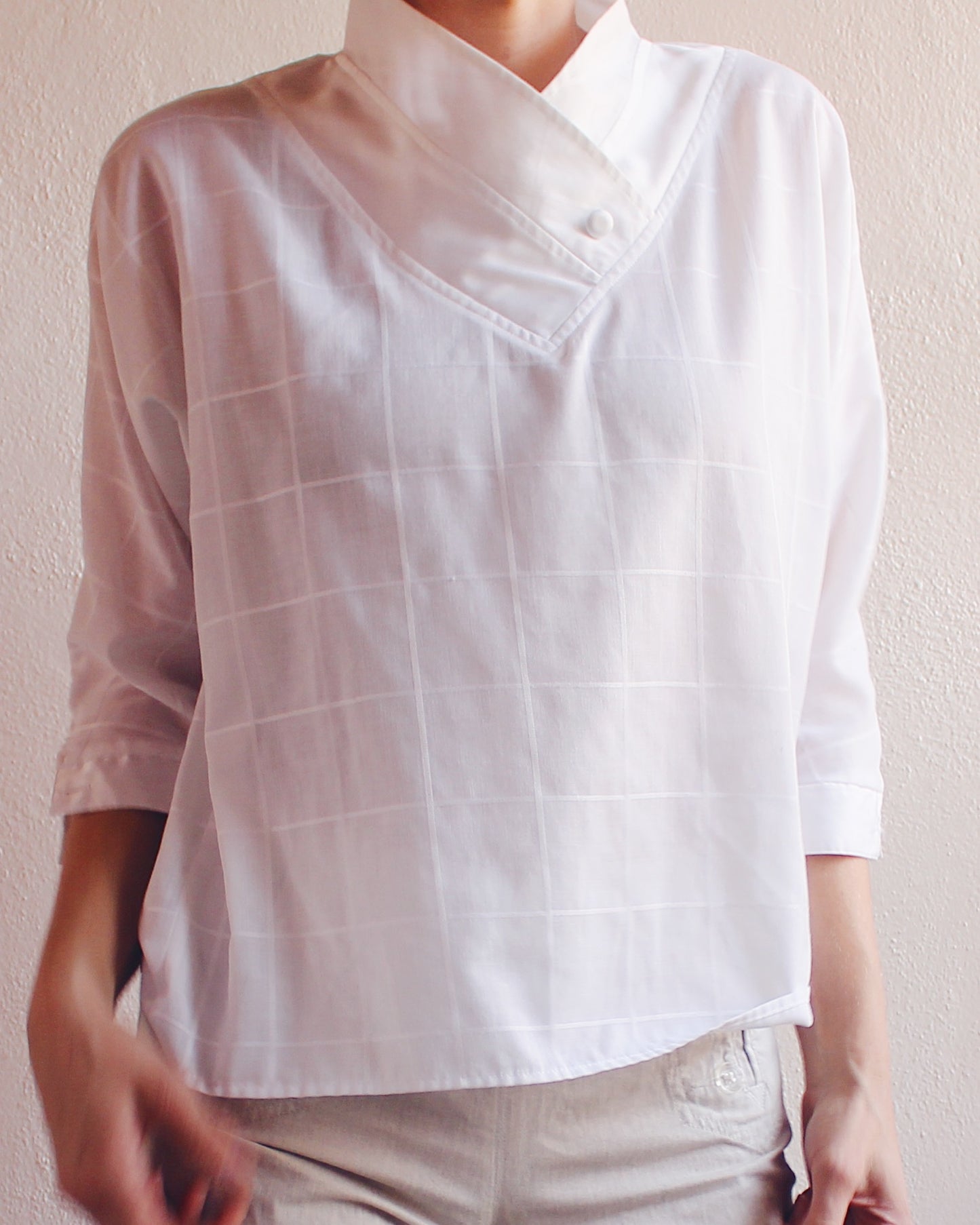 Vintage 1970s Pierre Cardin White Cotton Blouse — Asymmetrical Crossover Collar | Minimalist French Designer Shirt