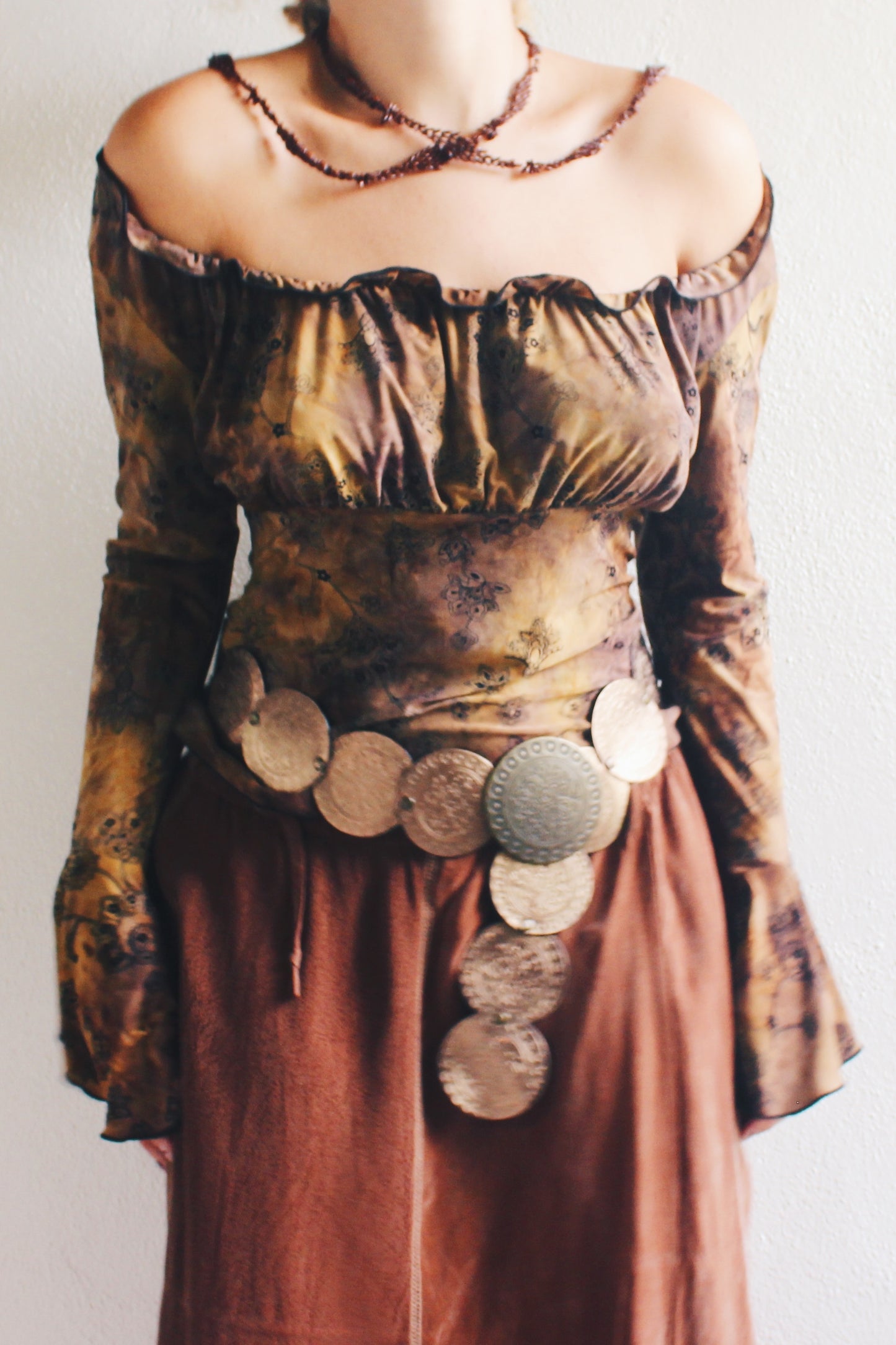 WhimsyGoth Dreams Velvet Print Bell Sleeve Blouse - Dark Elegance Meets Boho Chic!