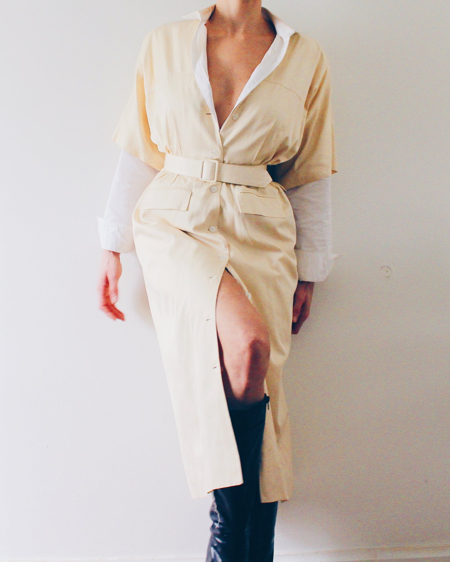 Vintage 90s Silk Trench‑Style Short Sleeve Dress – Cream Belted Waist, Professional Chic Maxi Dress