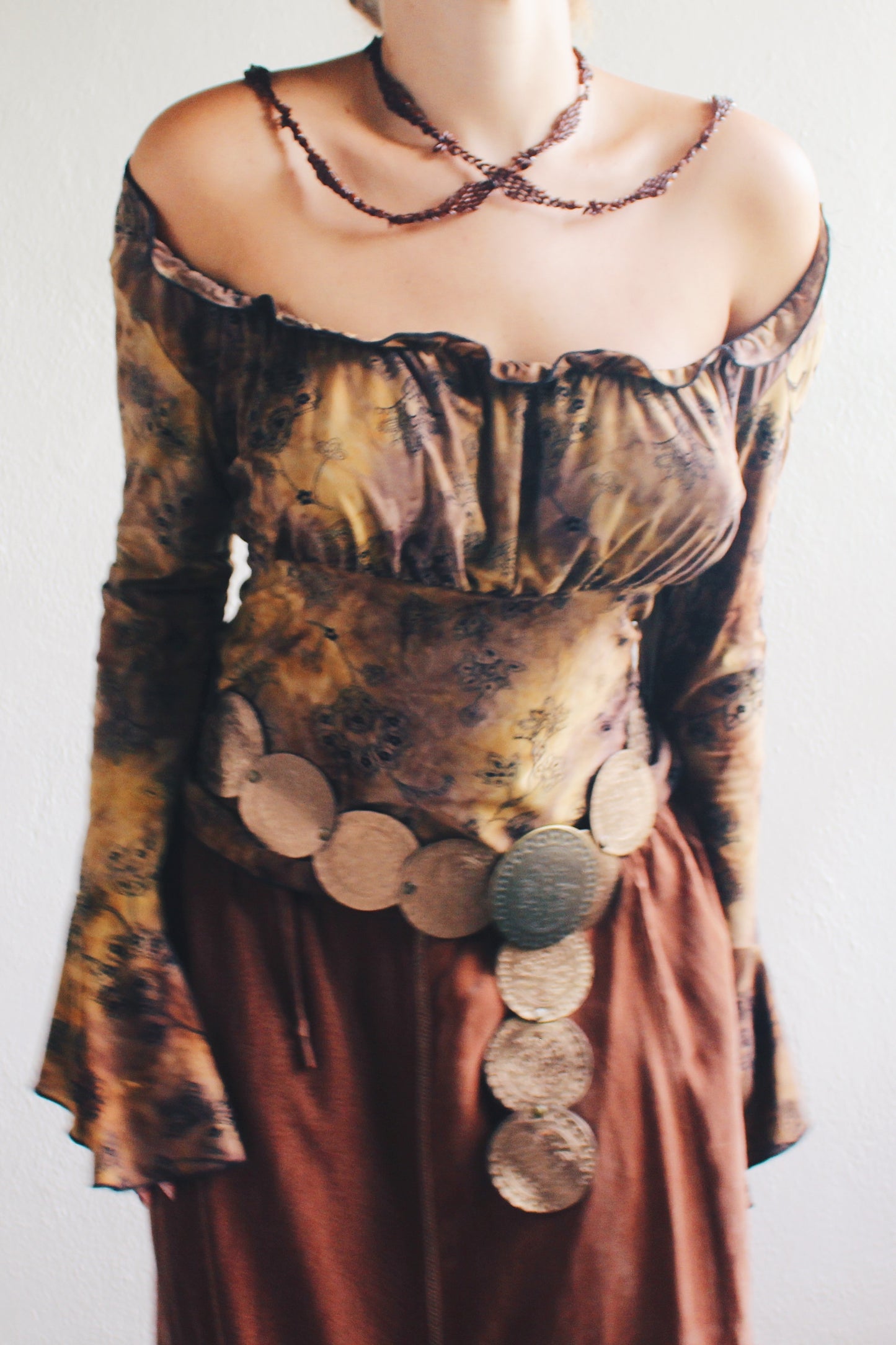 WhimsyGoth Dreams Velvet Print Bell Sleeve Blouse - Dark Elegance Meets Boho Chic!
