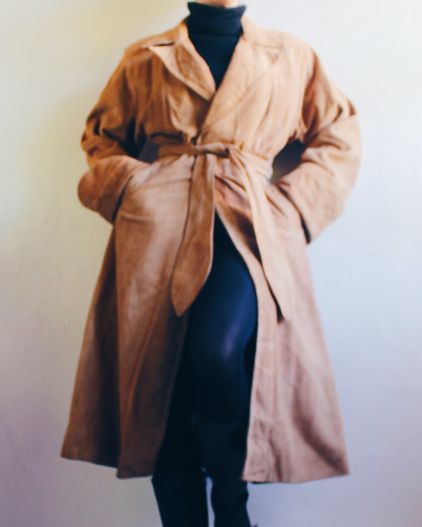 Vintage 70s Brown Suede Trench Coat with Belt – Retro Chic Long Leather Jacket