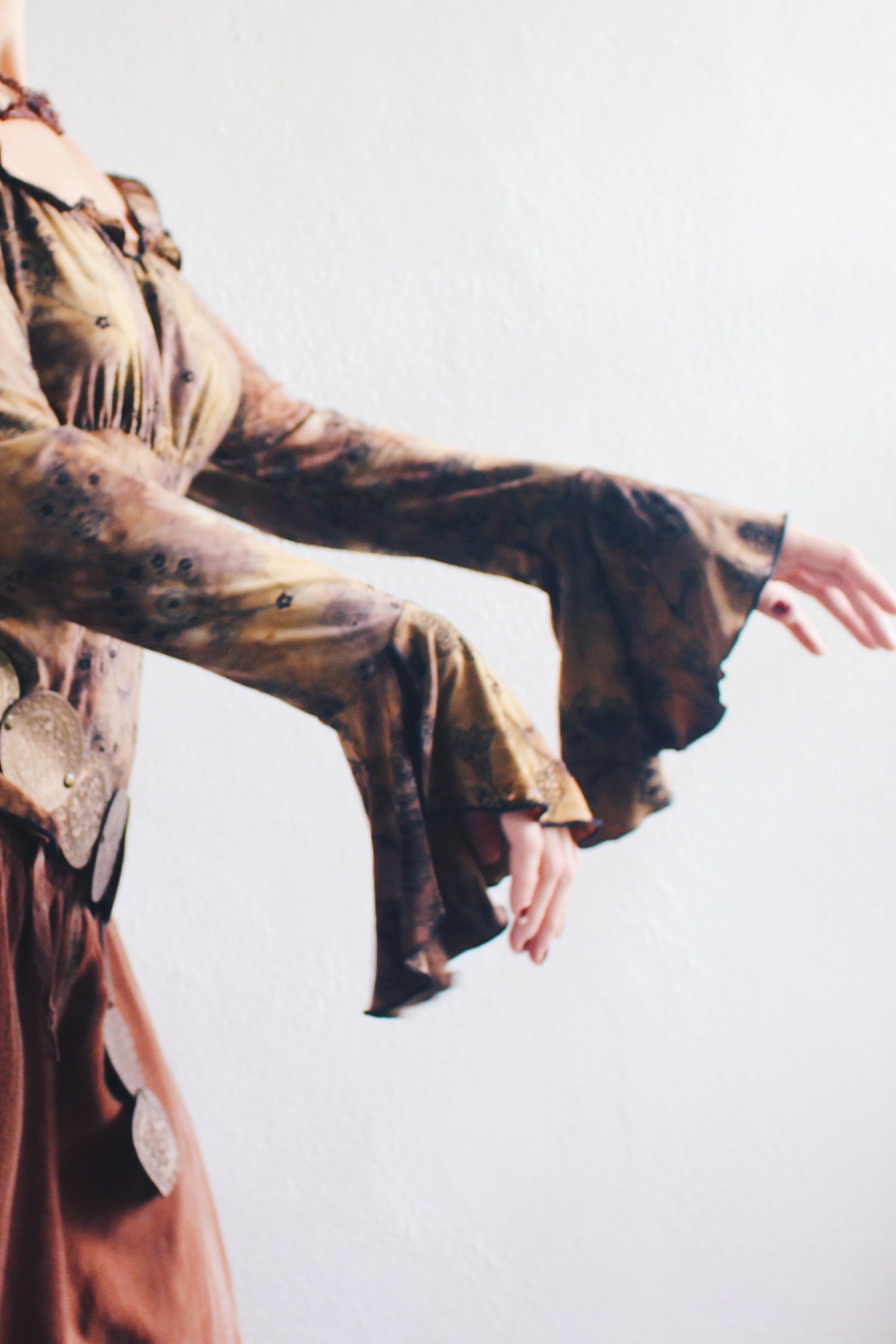 WhimsyGoth Dreams Velvet Print Bell Sleeve Blouse - Dark Elegance Meets Boho Chic!