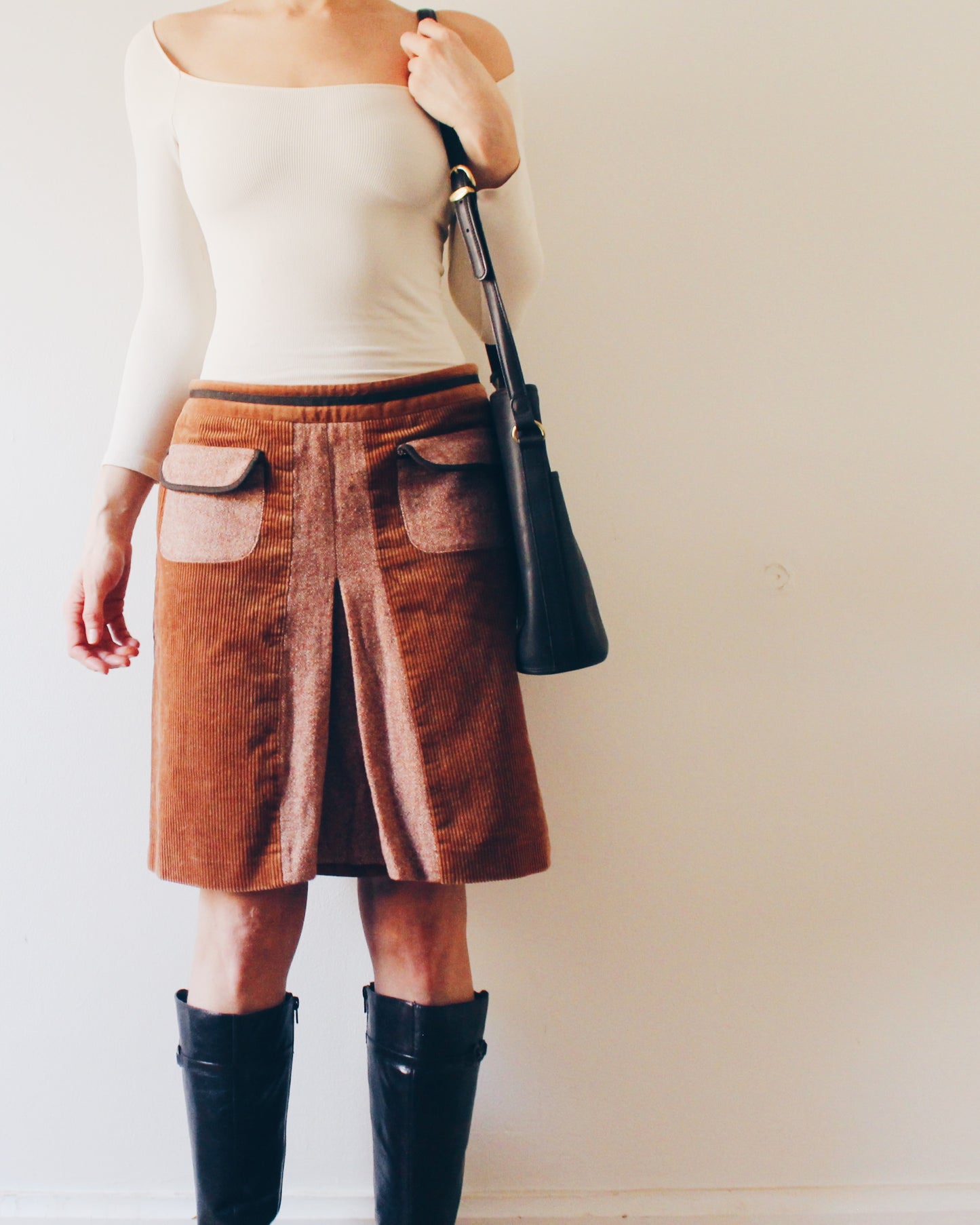 Vintage Corduroy and Wool Pocket Skirt – Low Waist 70s Style Midi in Earth Tones