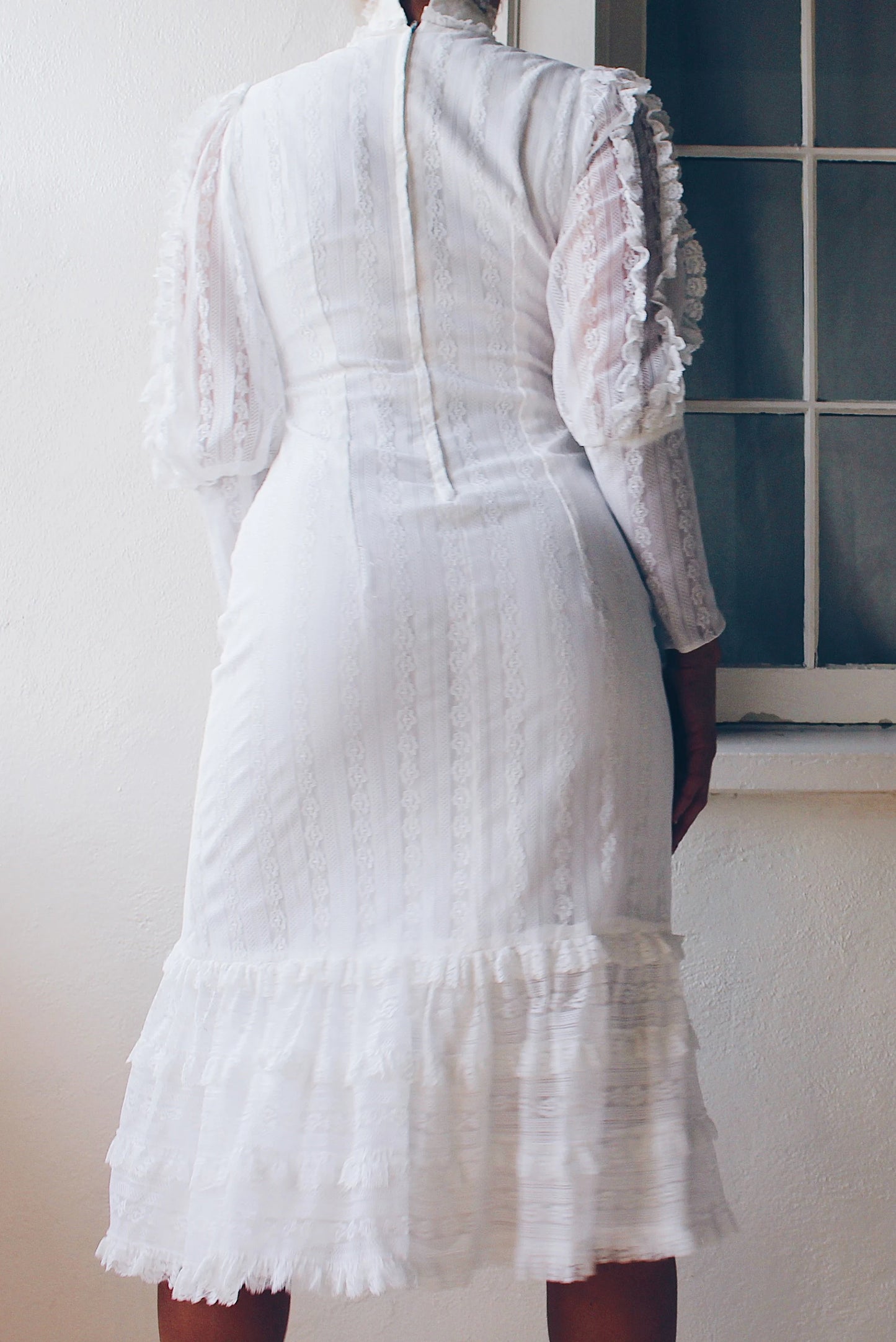 Vintage White Lace High Neck Victorian Midi Dress - Long Sleeve Coquette | American Gothic Prairie Wedding Dress