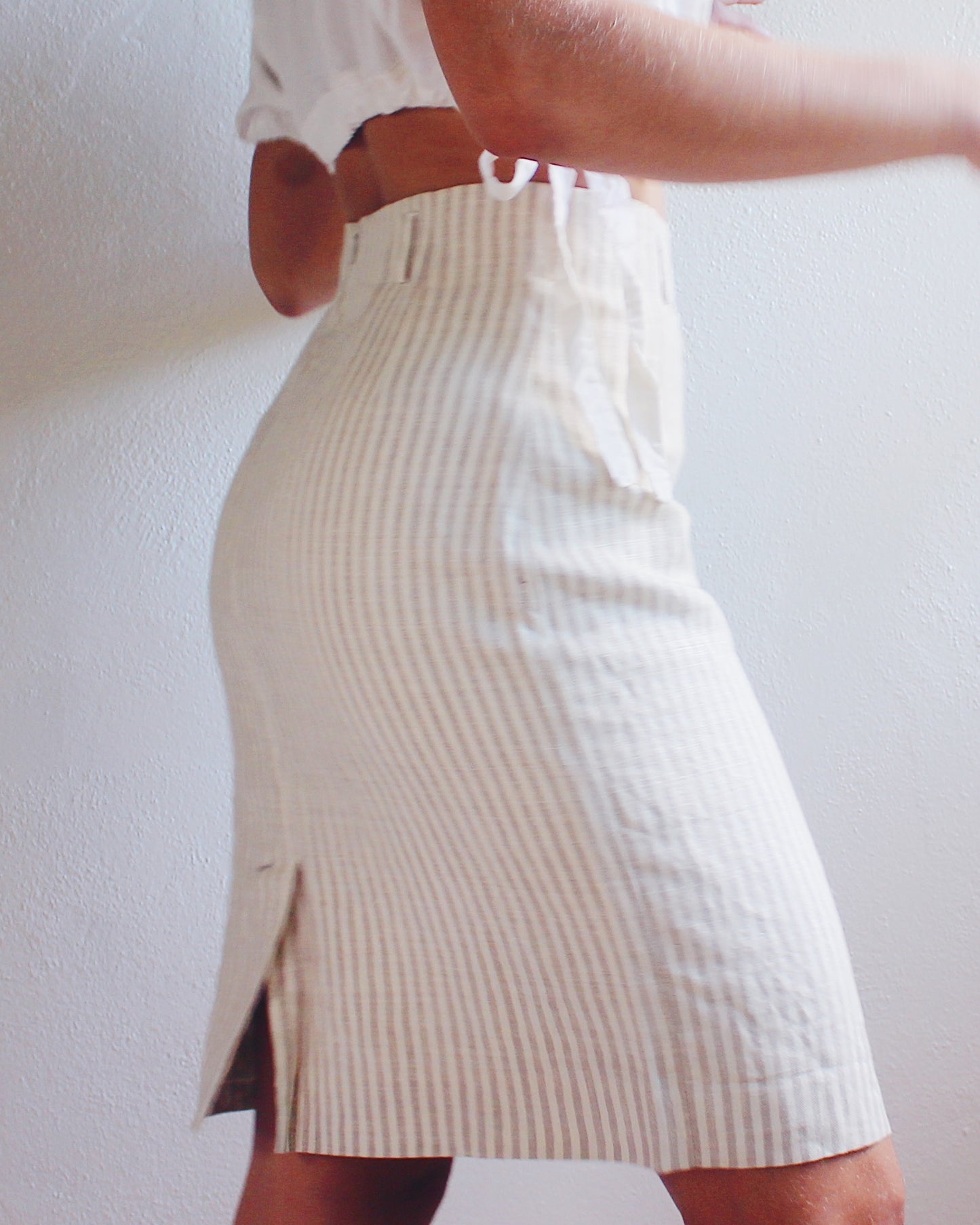 Beige Striped Linen Midi Skirt - Minimalist Pinstripe 90s Style | Perfect Summer and fall Skirt