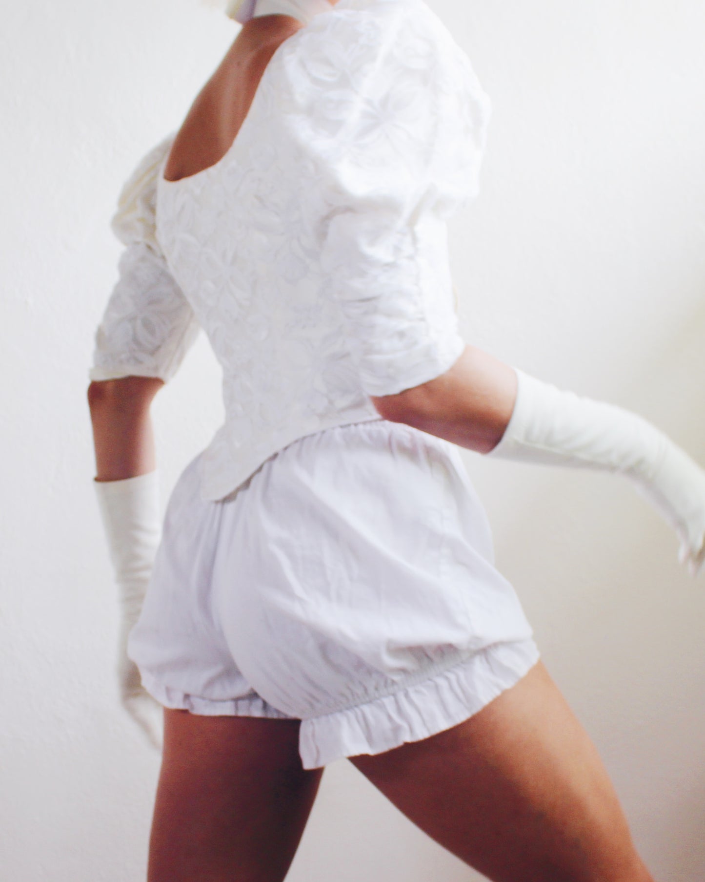 White Reworked Lace-Up Puffy Sleeve Blouse - Upcycled Wedding Dress Top | Victorian Contemporary Coquette Style - Poor Things Vibes