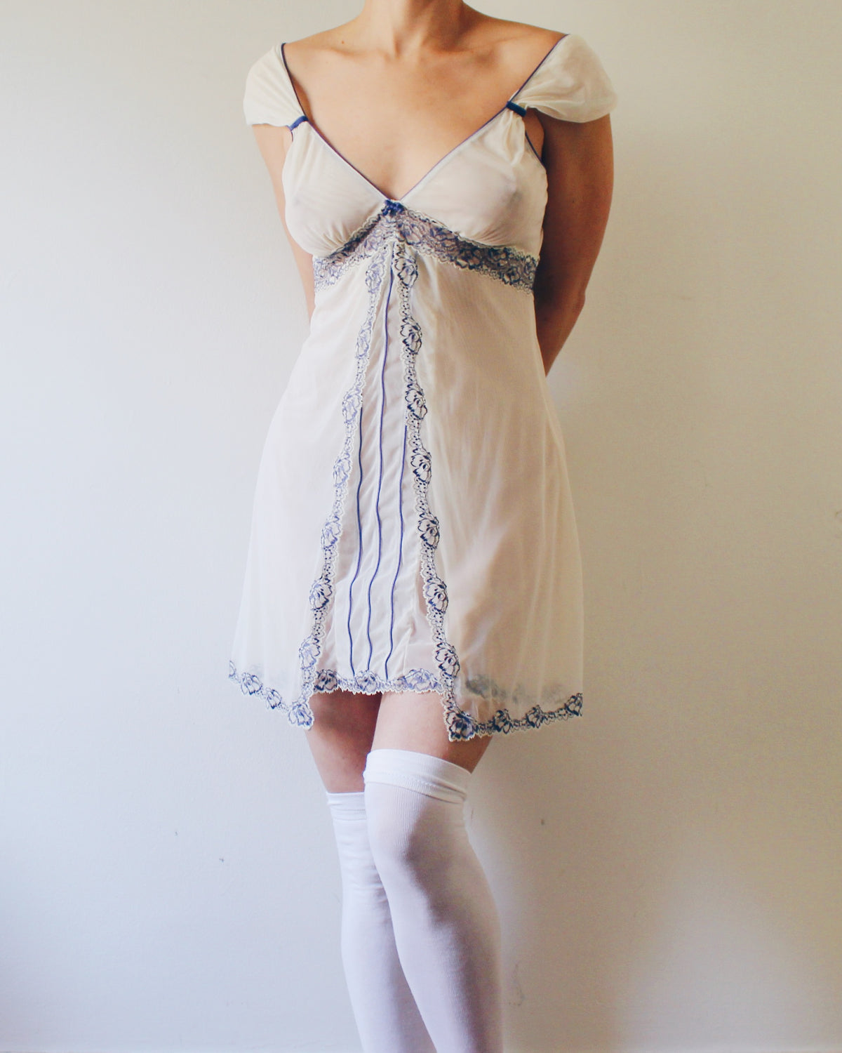 Y2K Cream Empire Waist Slip Dress with Violet Lace, Whimsygoth Soft Goth Style, Can Be Worn as Day Dress or Intimate Piece