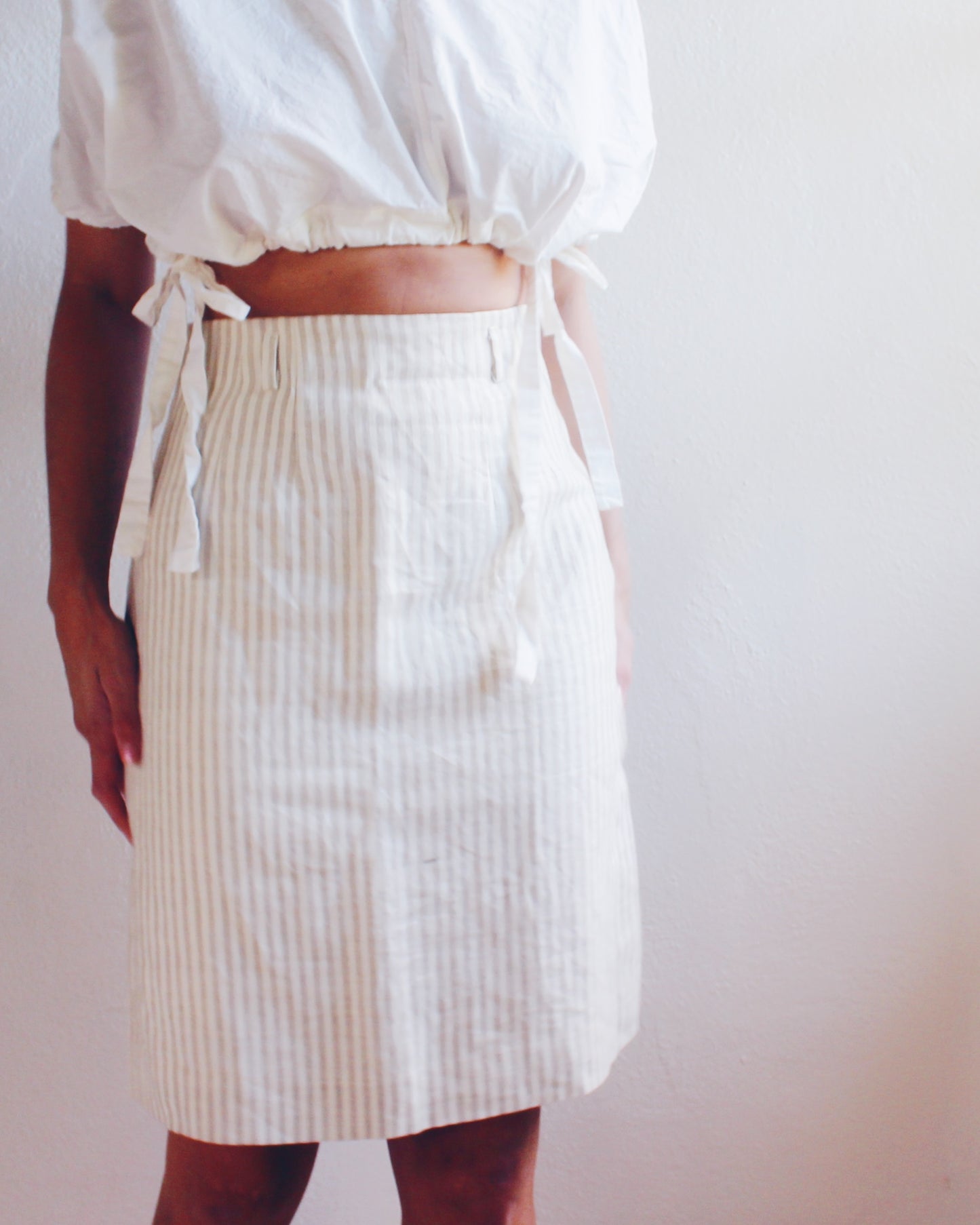 Beige Striped Linen Midi Skirt - Minimalist Pinstripe 90s Style | Perfect Summer and fall Skirt