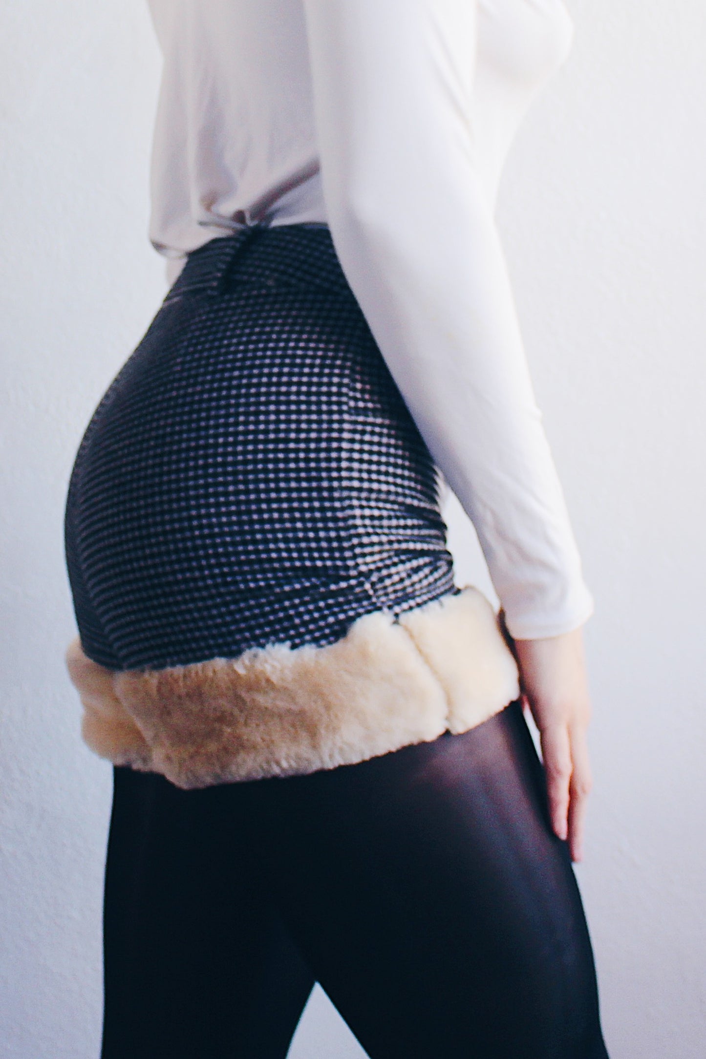 Embrace Elegance: Fur-Lined Houndstooth Shorts - Dark Academia Chic, British Vibes