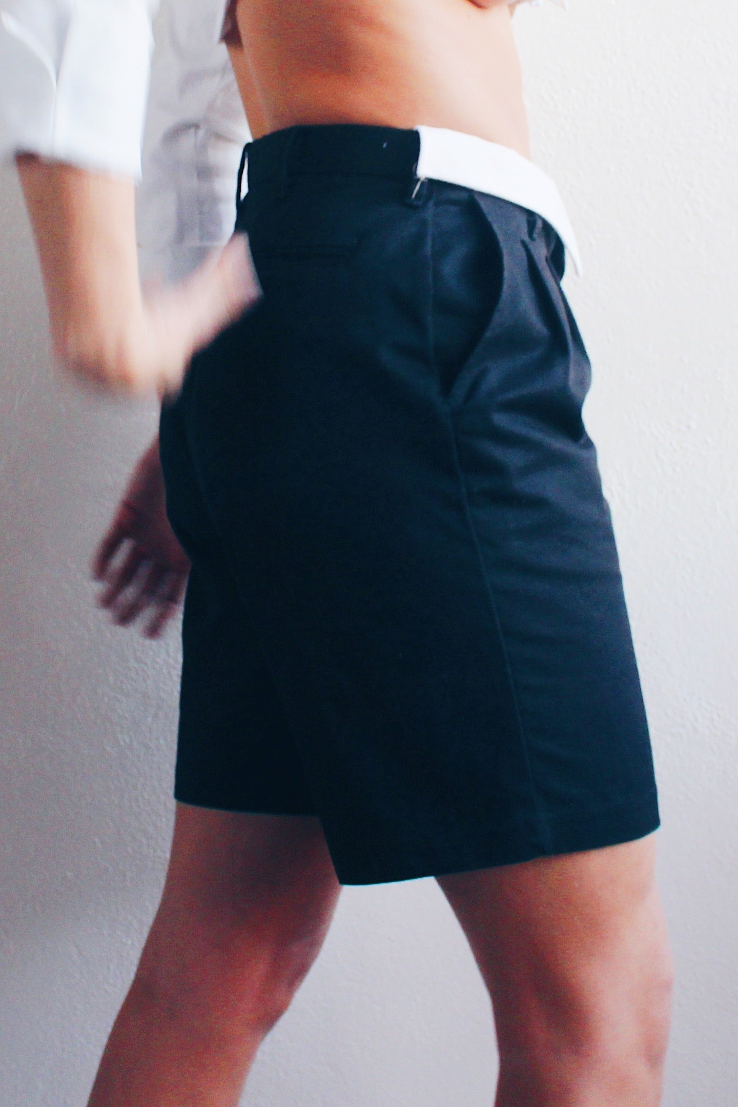 Androgynous Formal: Upcycled Black Pleated Shorts with Attached White Shirt Collar