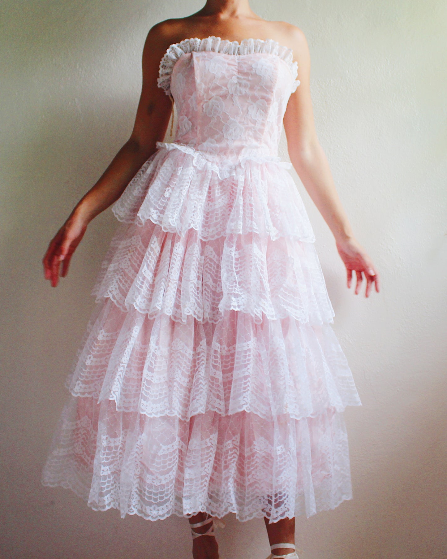 1960s Vintage Pink Lace A-Line Gown - Floral Lace & Tiered Ruffled Skirt | Girly Coquette Retro Style | Priscilla-Inspired Formal Dress