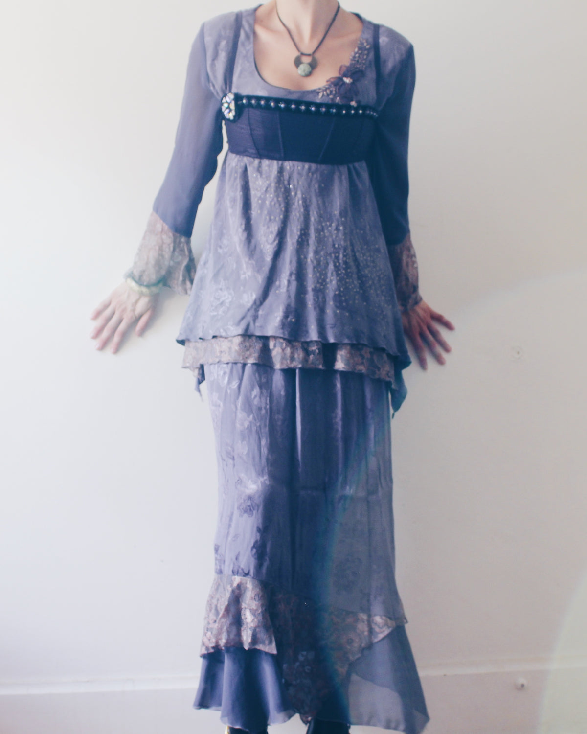Vintage 90s Spencer Alexis Whimsygoth Two Piece Set, Dusty Purple Lilac Layered Midi Skirt and Embroidered Ruffle Sleeve Top