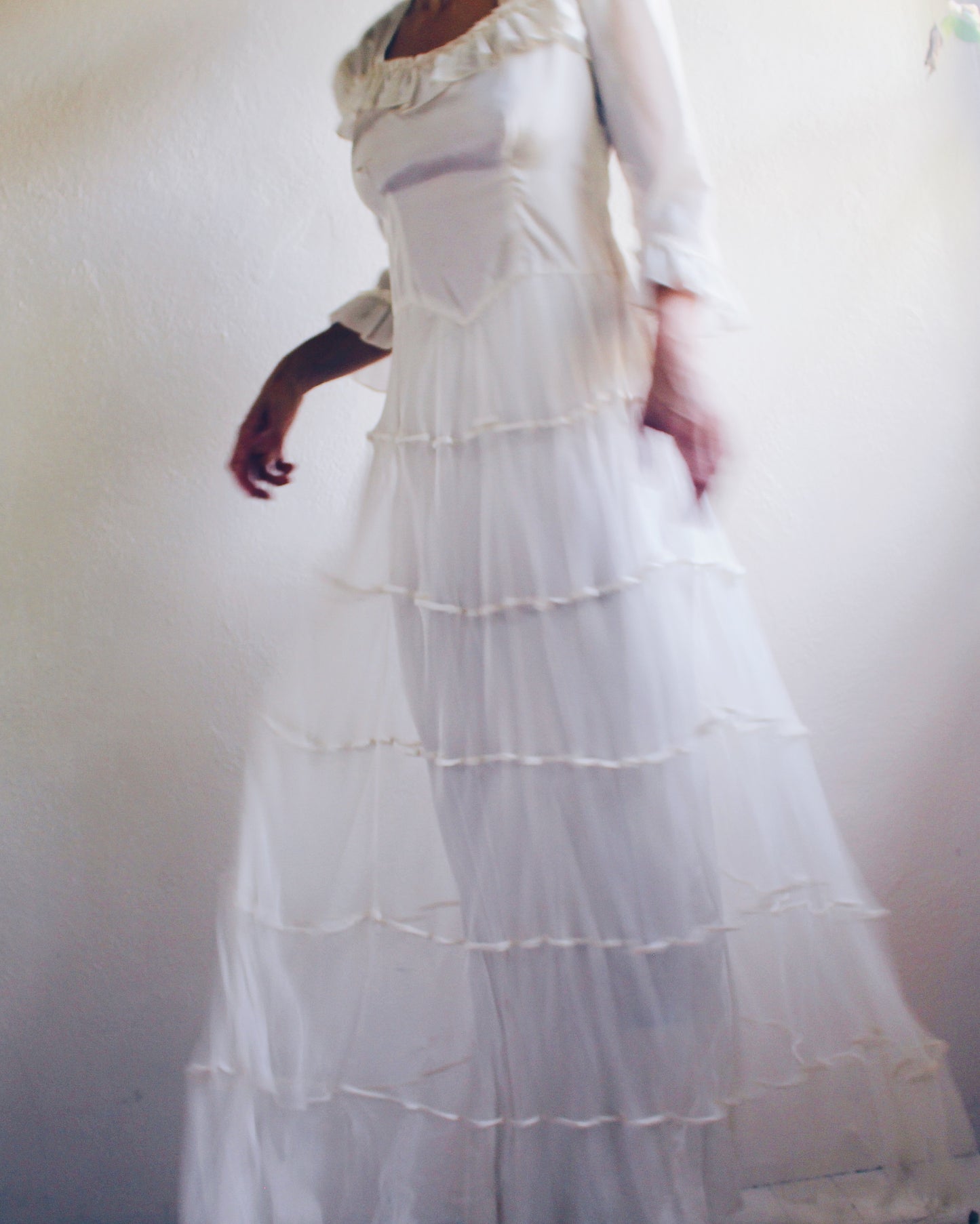Vintage Handmade Heirloom Wedding Gown – Ethereal Sheer Tiered Dress | Delicate Haunting Bridal Style