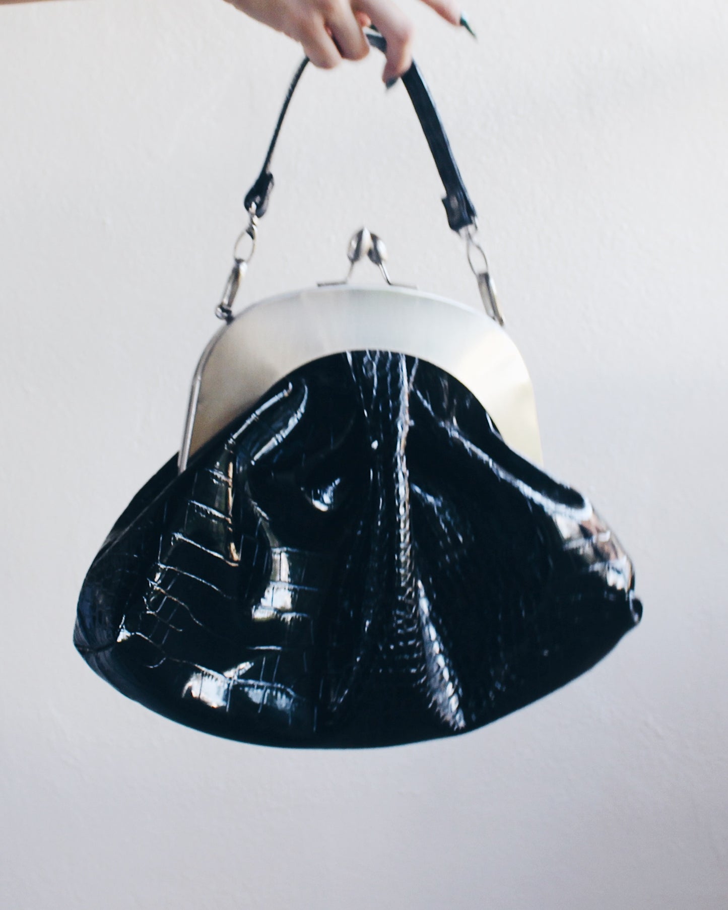 Black Alligator-Textured Giant Leather Coin Purse Handbag with Silver Clasp – Bold Statement Piece