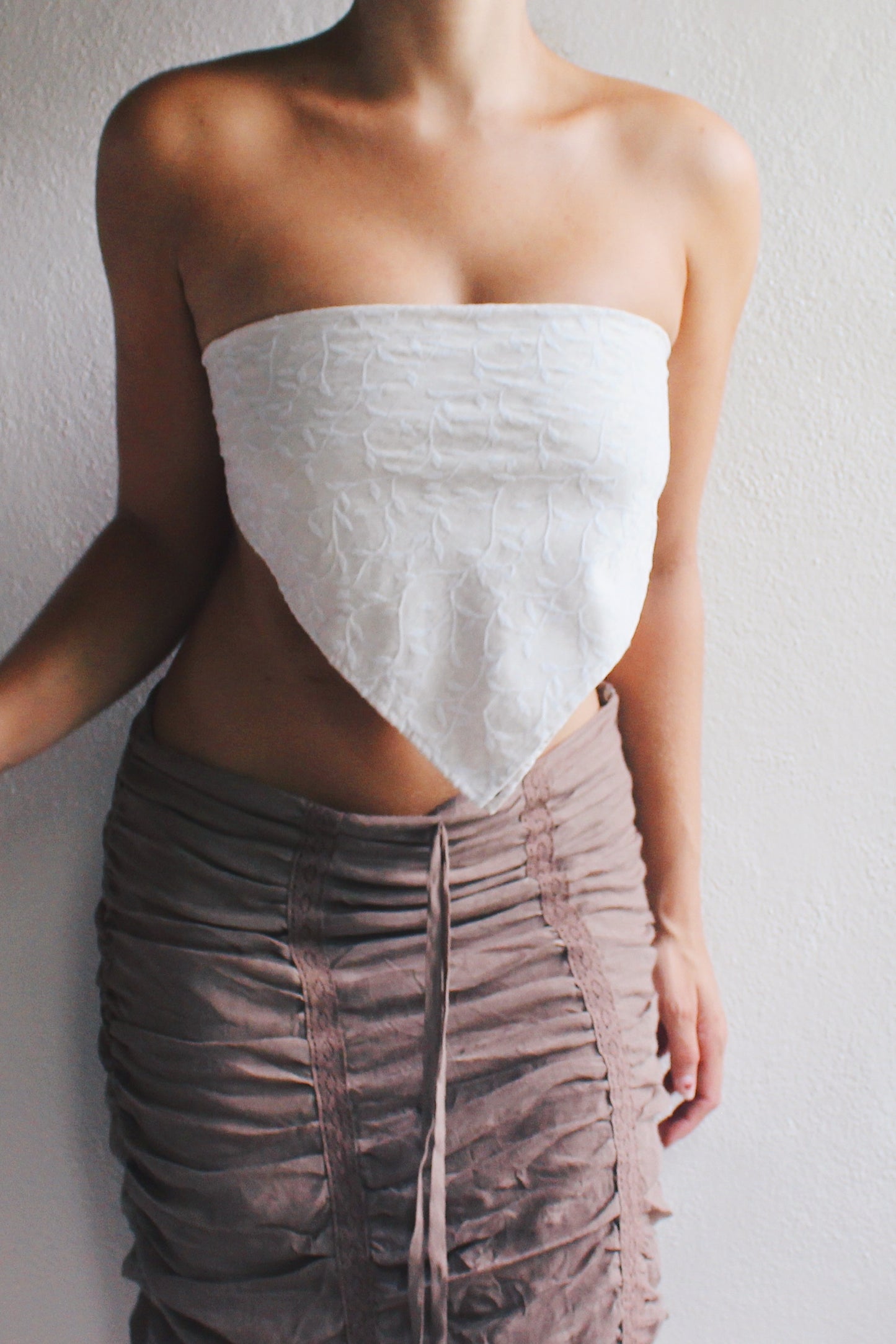 Reworked mermaid core French hanky hem tank top / cream floral Upcycled Bandeau / baroque Tapestry Haltar Crop Top