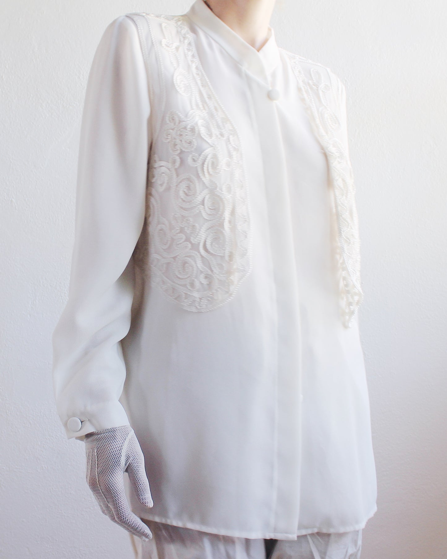 Ivory Vintage Long Sleeve Button Up Blouse with Attached Embroidered Vest - 90s Bohemian Renaissance Style | Cottagecore Fashion