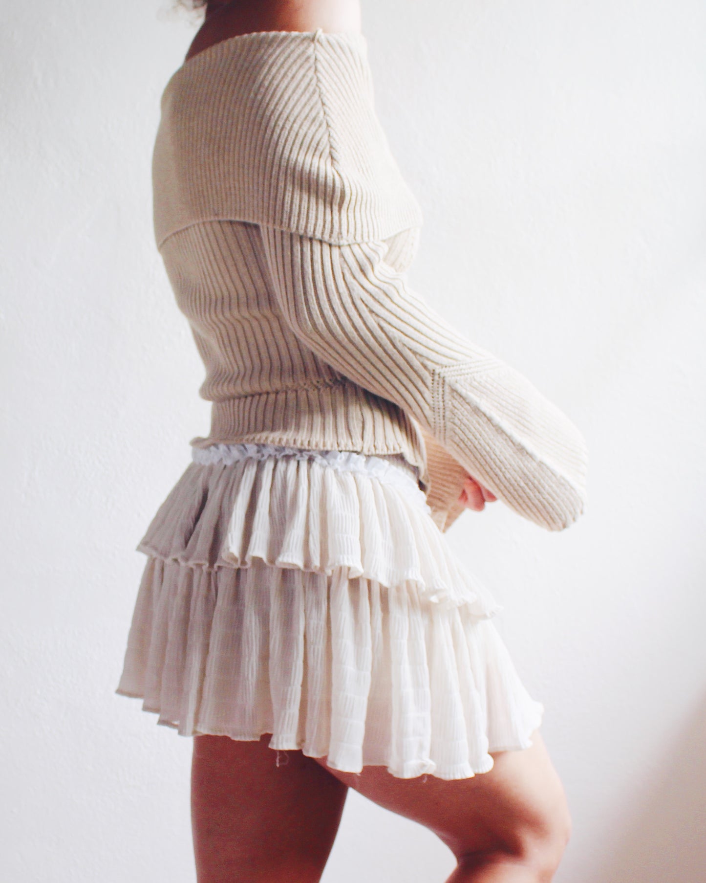 Layered Ruffled Beige Upcycled Mini Skirt - Floral Ruffle Trim | Cute Coquette Boho Style | Perfect for Eco-Friendly Fashion