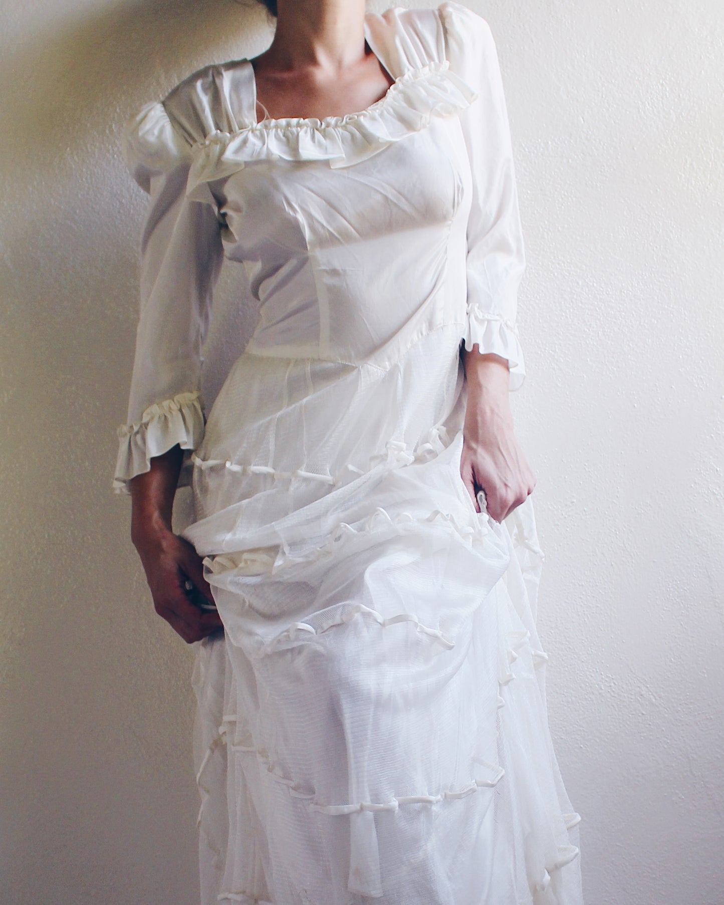Vintage Handmade Heirloom Wedding Gown – Ethereal Sheer Tiered Dress | Delicate Haunting Bridal Style