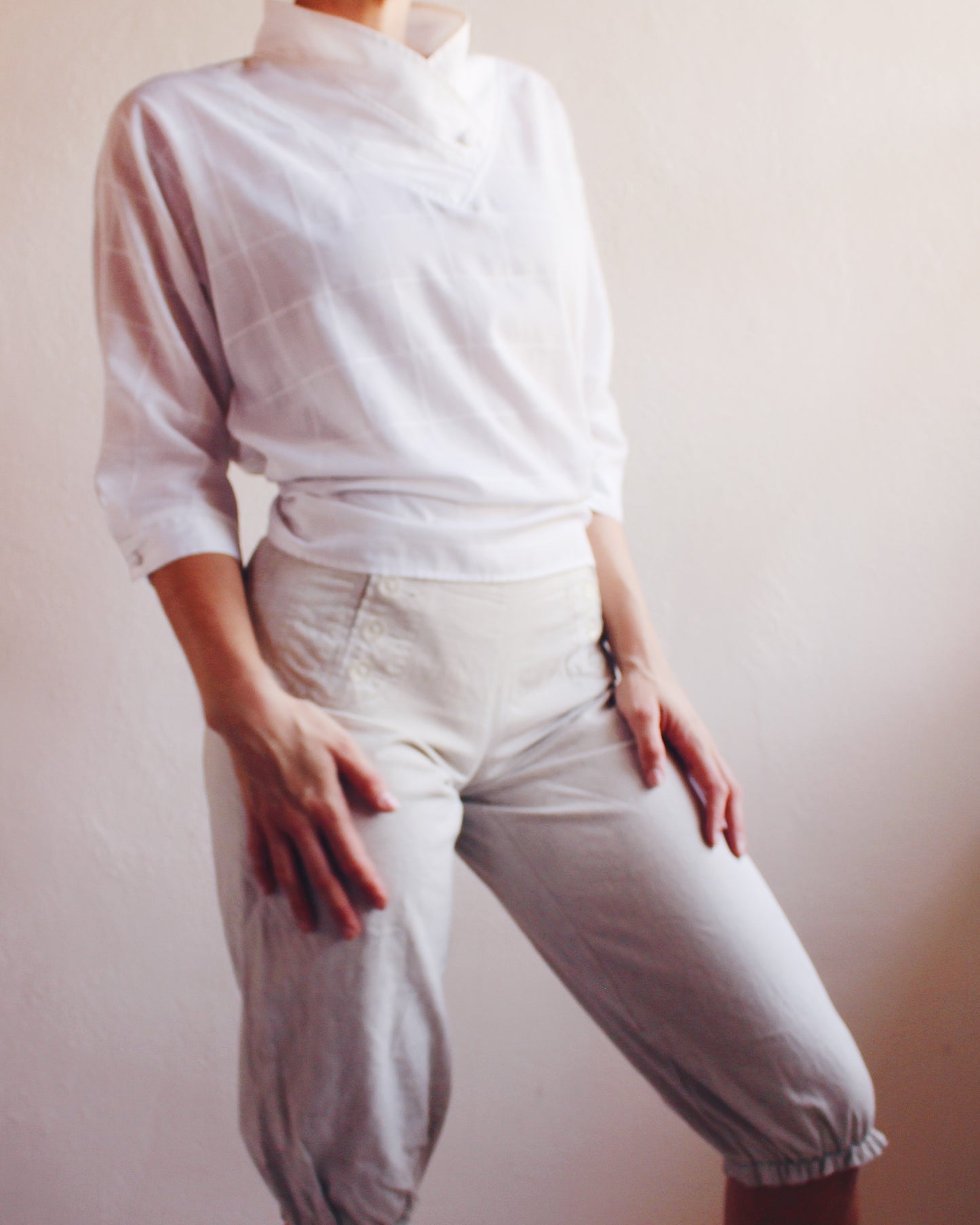Vintage 1970s Pierre Cardin White Cotton Blouse — Asymmetrical Crossover Collar | Minimalist French Designer Shirt