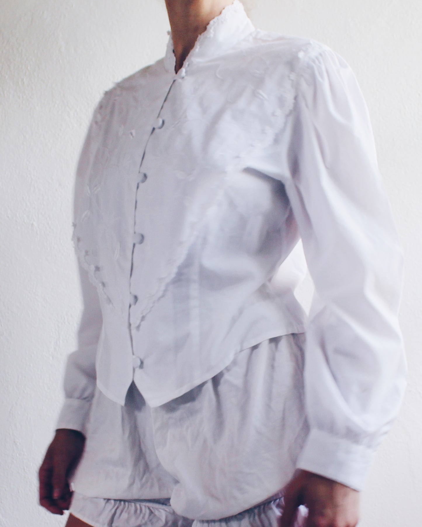 Vintage White Cotton High Neck Blouse - Embroidered Edwardian Silhouette | Cottagecore American Gothic Style | Historic Renewal Fashion