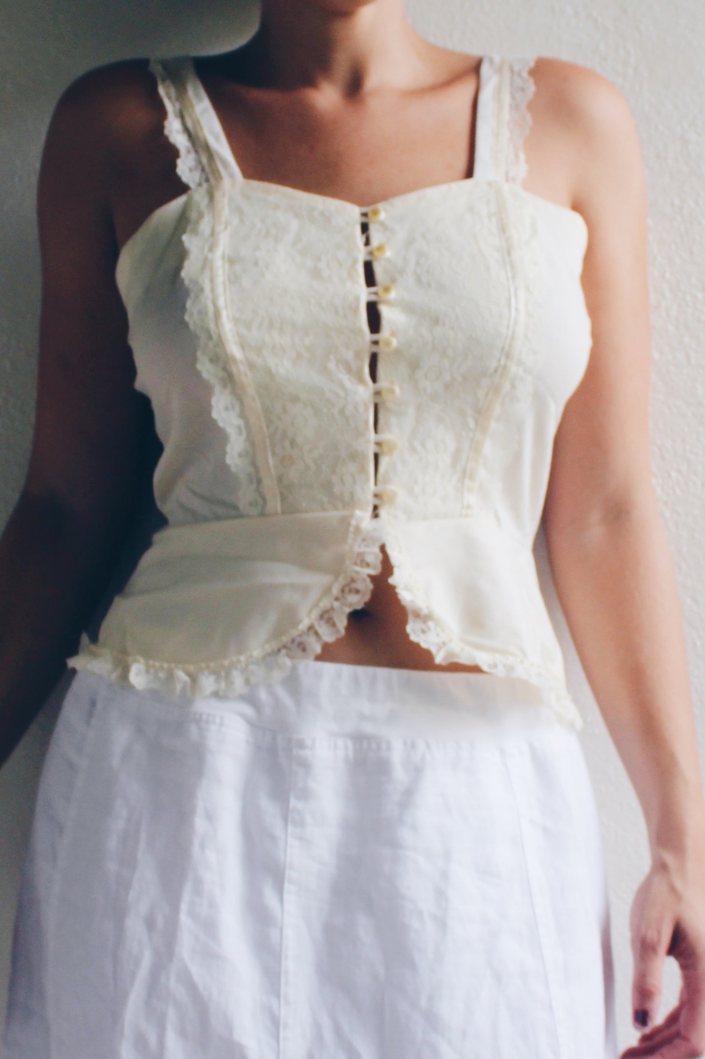 Cream lace tank top / cottage core peplum slip cami / lace Edwardian camisole