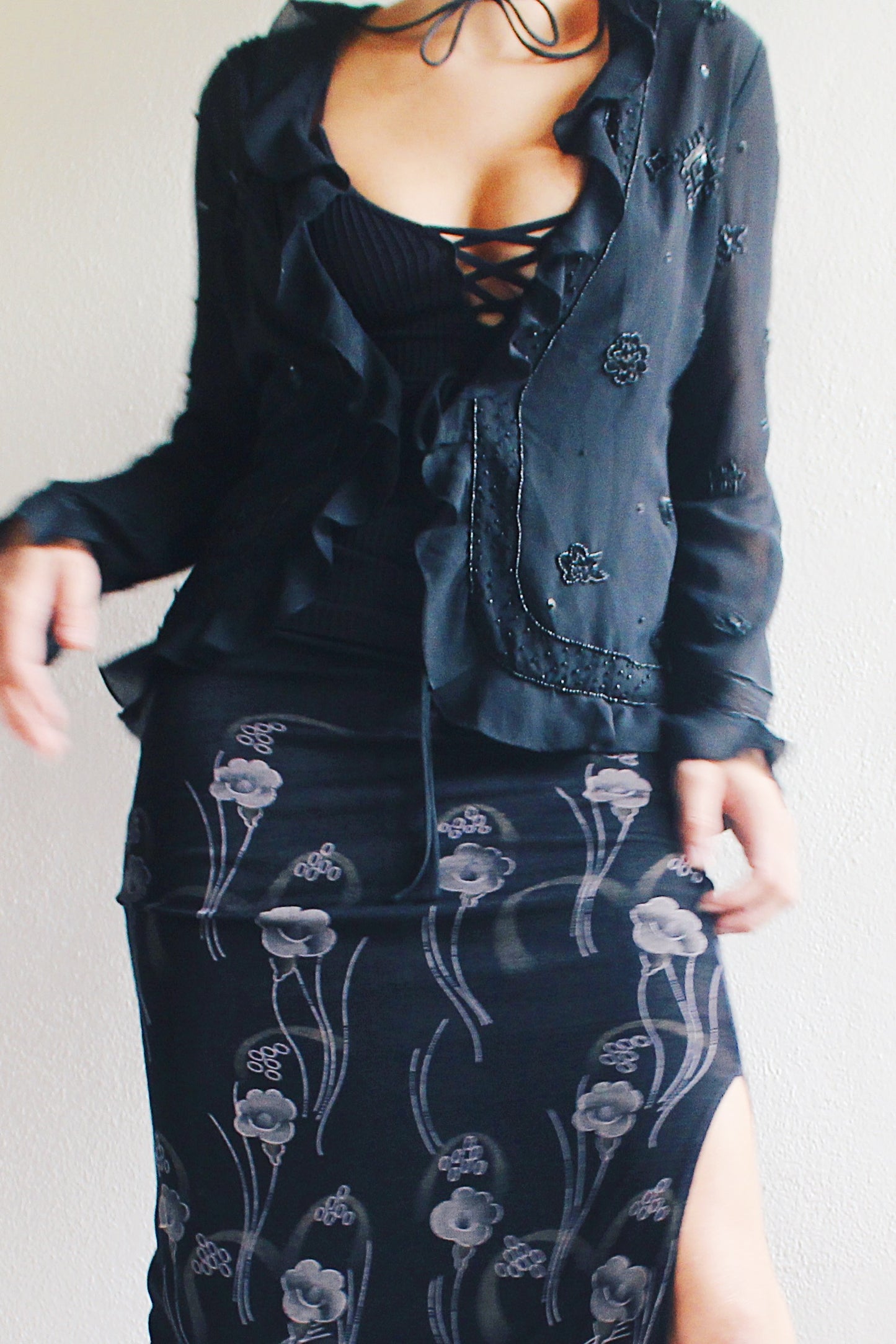 Witchy Black Silk 90s Vibes: Beaded Lettuce Hem Top