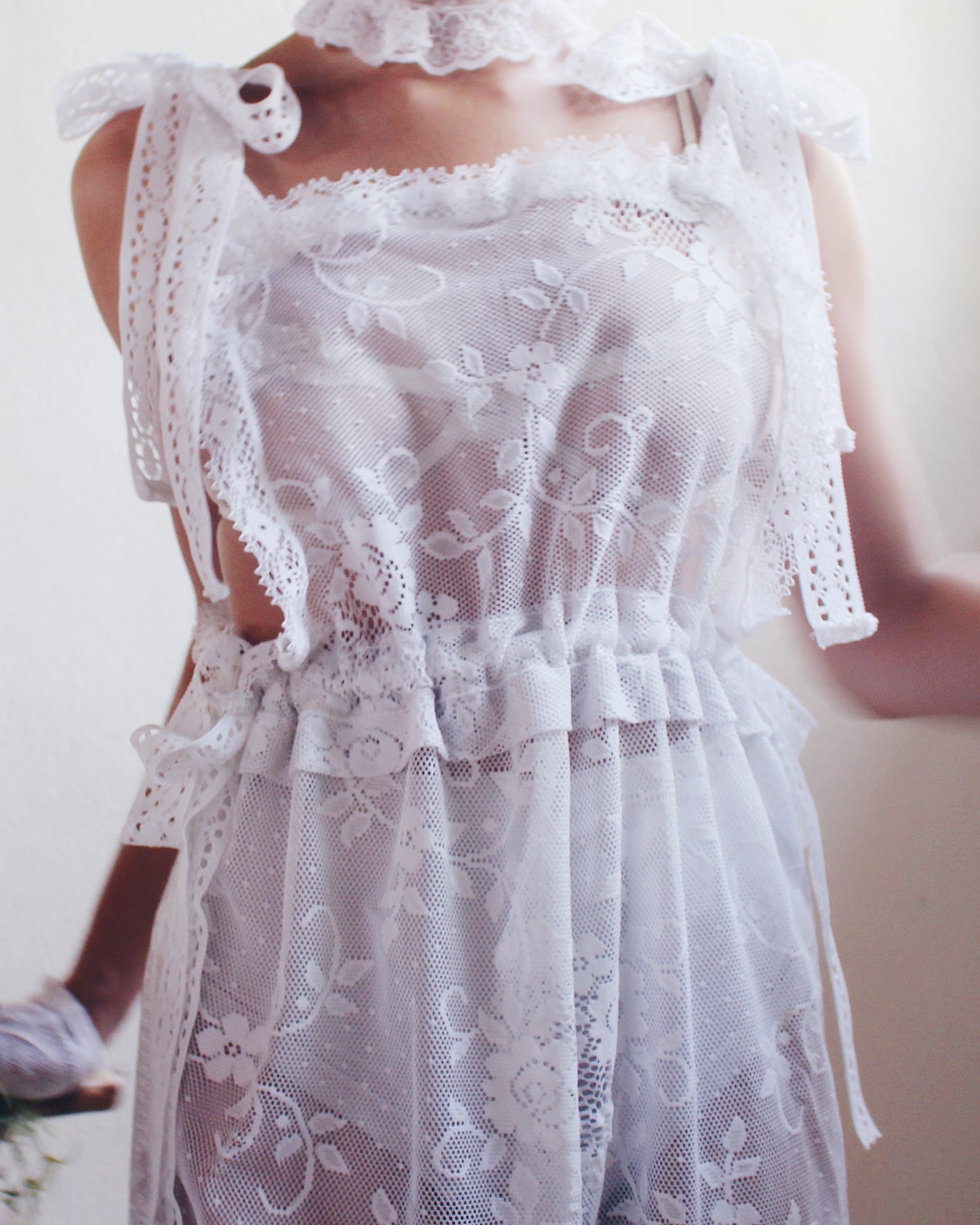 Upcycled Sheer Lace Overalls – Vintage White Curtain Reworked Dungarees | Whimsical Boho Summer Style