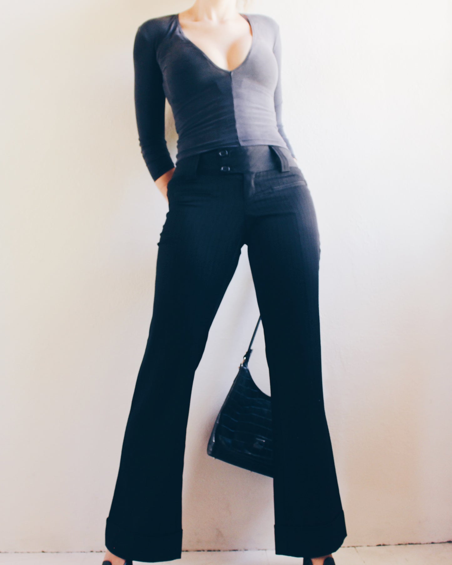 Vintage Y2K Low-Rise Black Pinstripe Bootcut Pants - Office Siren Style