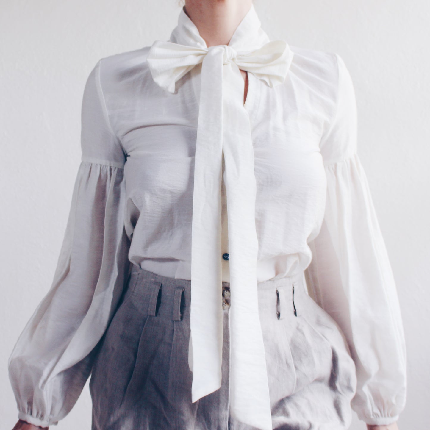 Cream Bow Tie Blouse with Puffy Sleeves | Coquette Prairie Style
