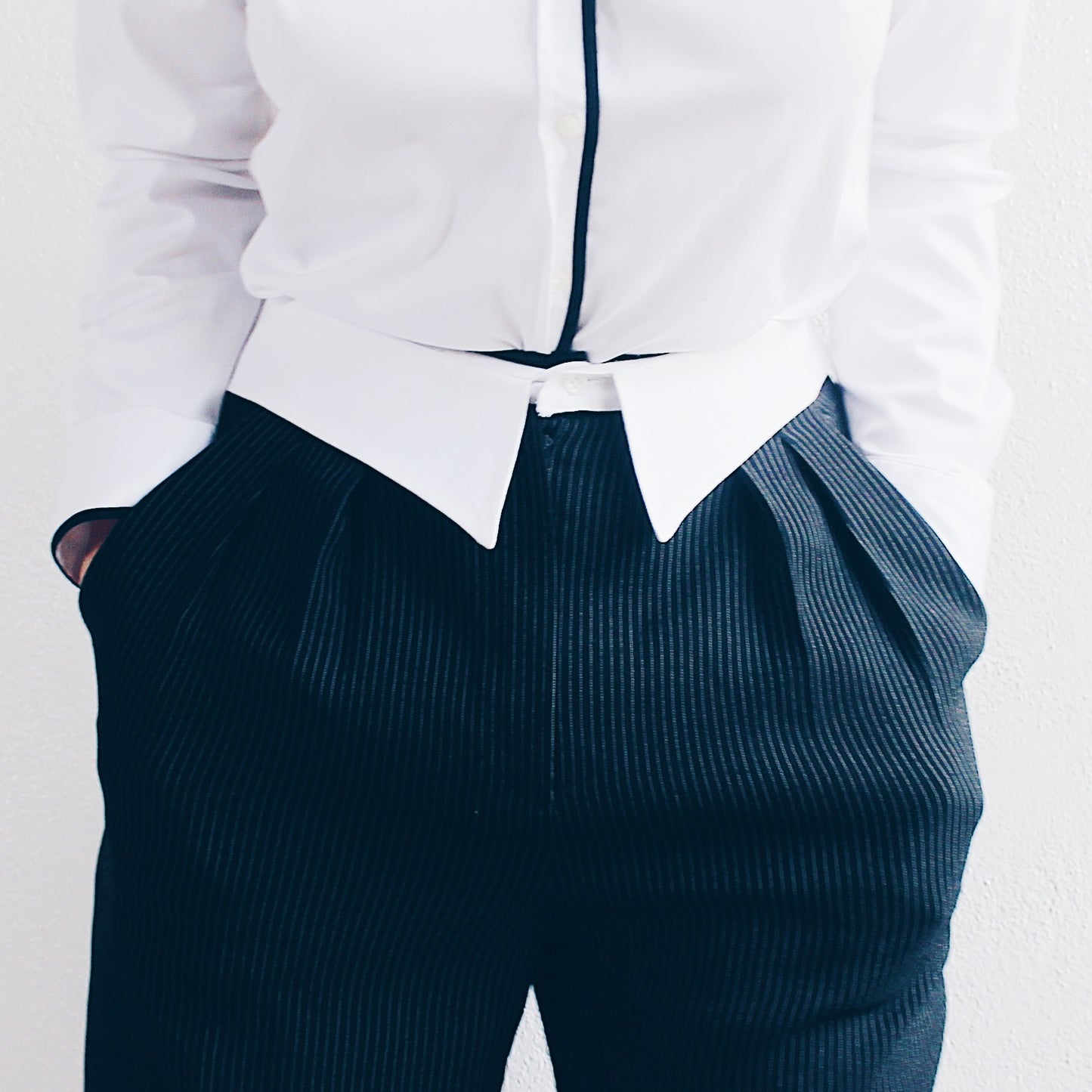 Academic Formal Chic: Vintage Black Pin Striped Collar Waist Pants/ Upcycled 90s Pleated Androgynous Slacks