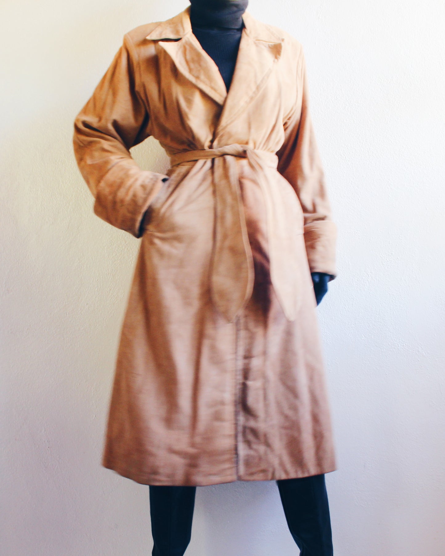 Vintage 70s Brown Suede Trench Coat with Belt – Retro Chic Long Leather Jacket
