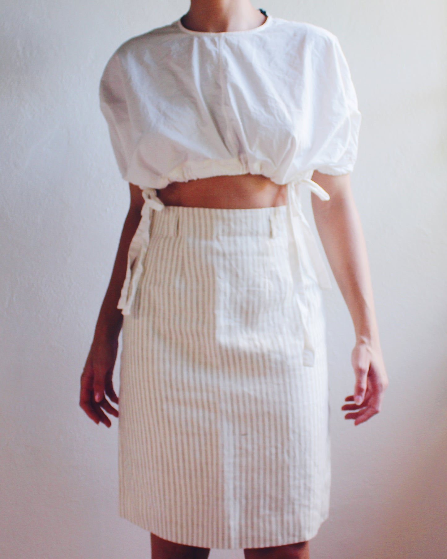 Beige Striped Linen Midi Skirt - Minimalist Pinstripe 90s Style | Perfect Summer and fall Skirt