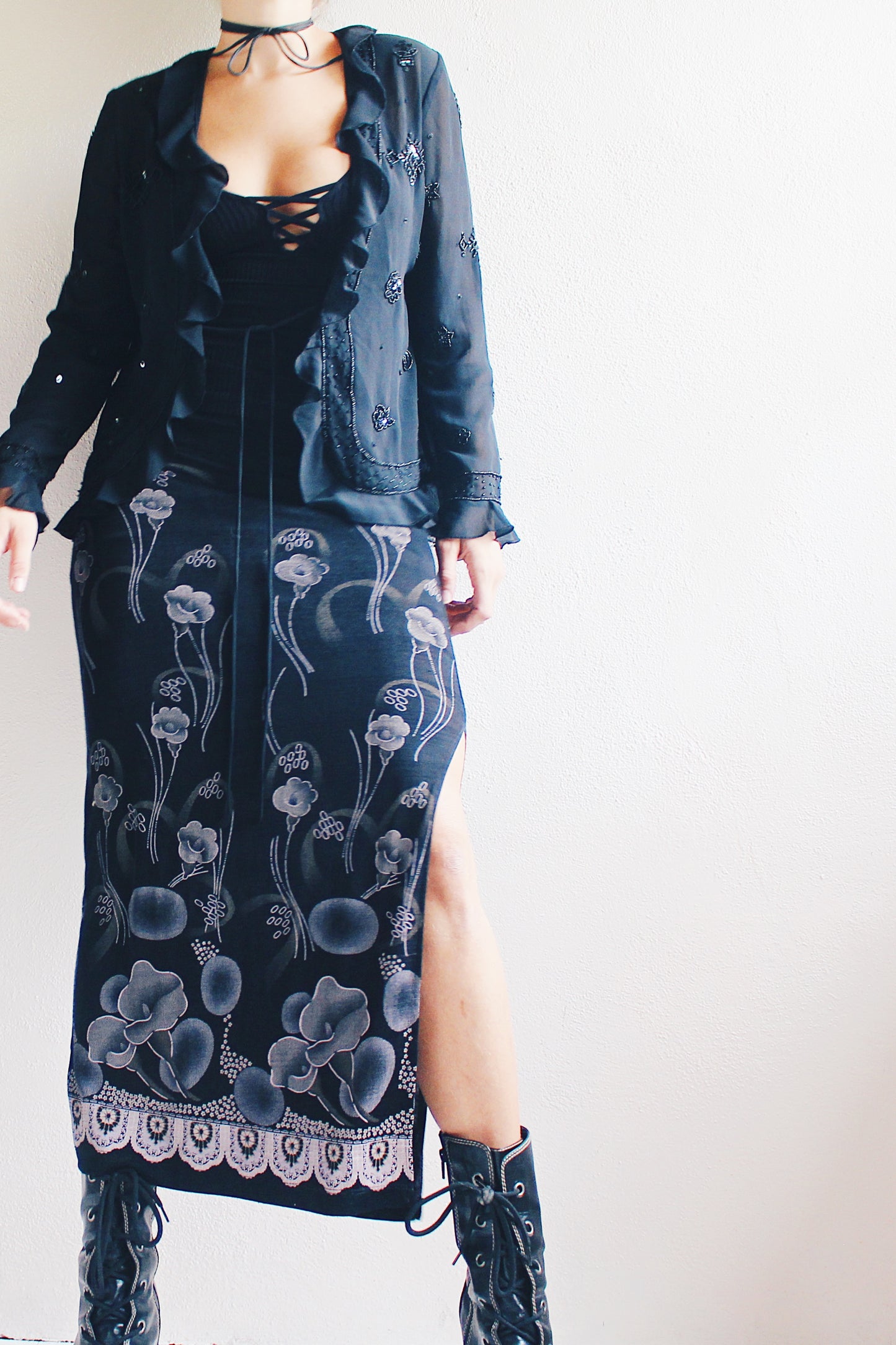 Witchy Black Silk 90s Vibes: Beaded Lettuce Hem Top
